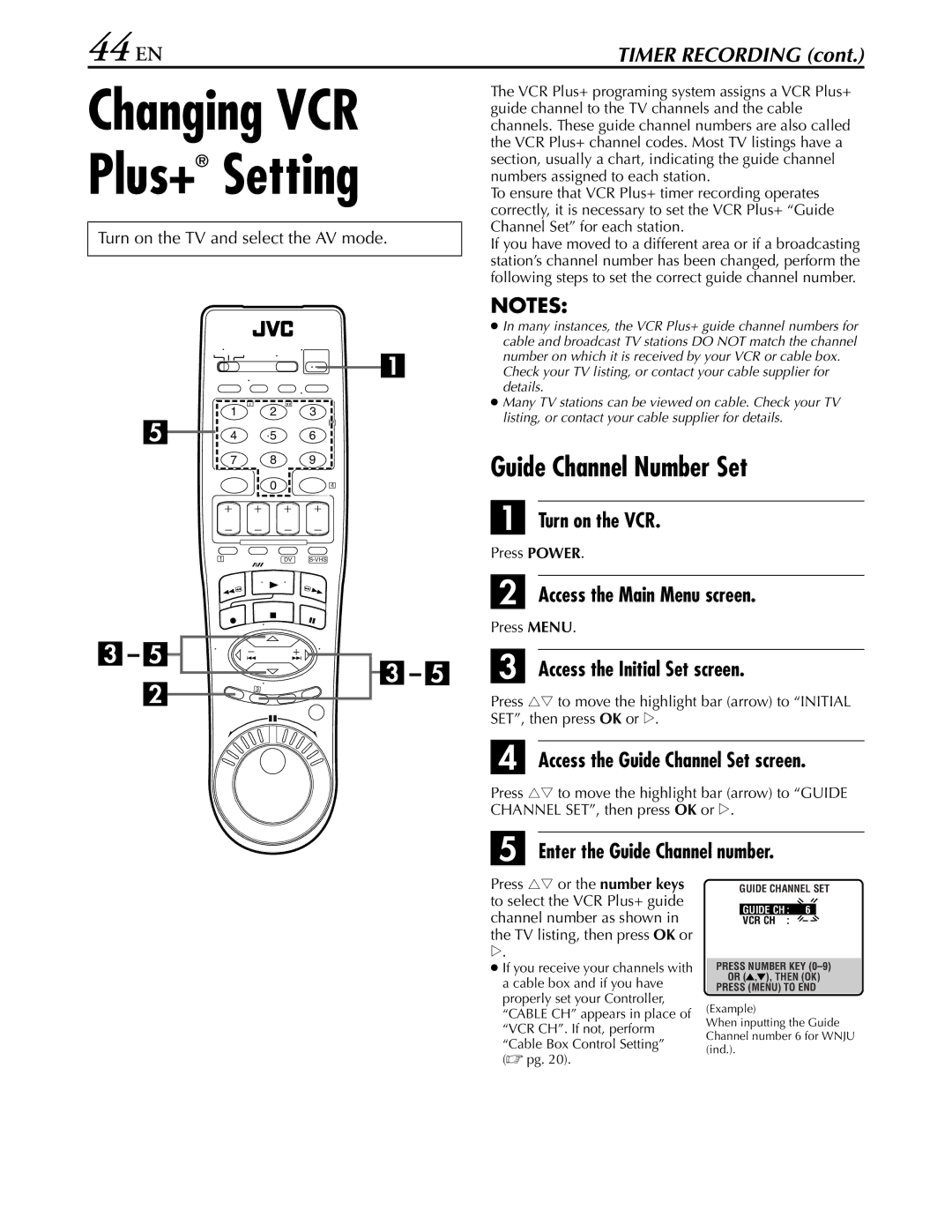 JVC hr-dvs3u manual 44 EN, Guide Channel Number Set, Access the Guide Channel Set screen, Enter the Guide Channel number 