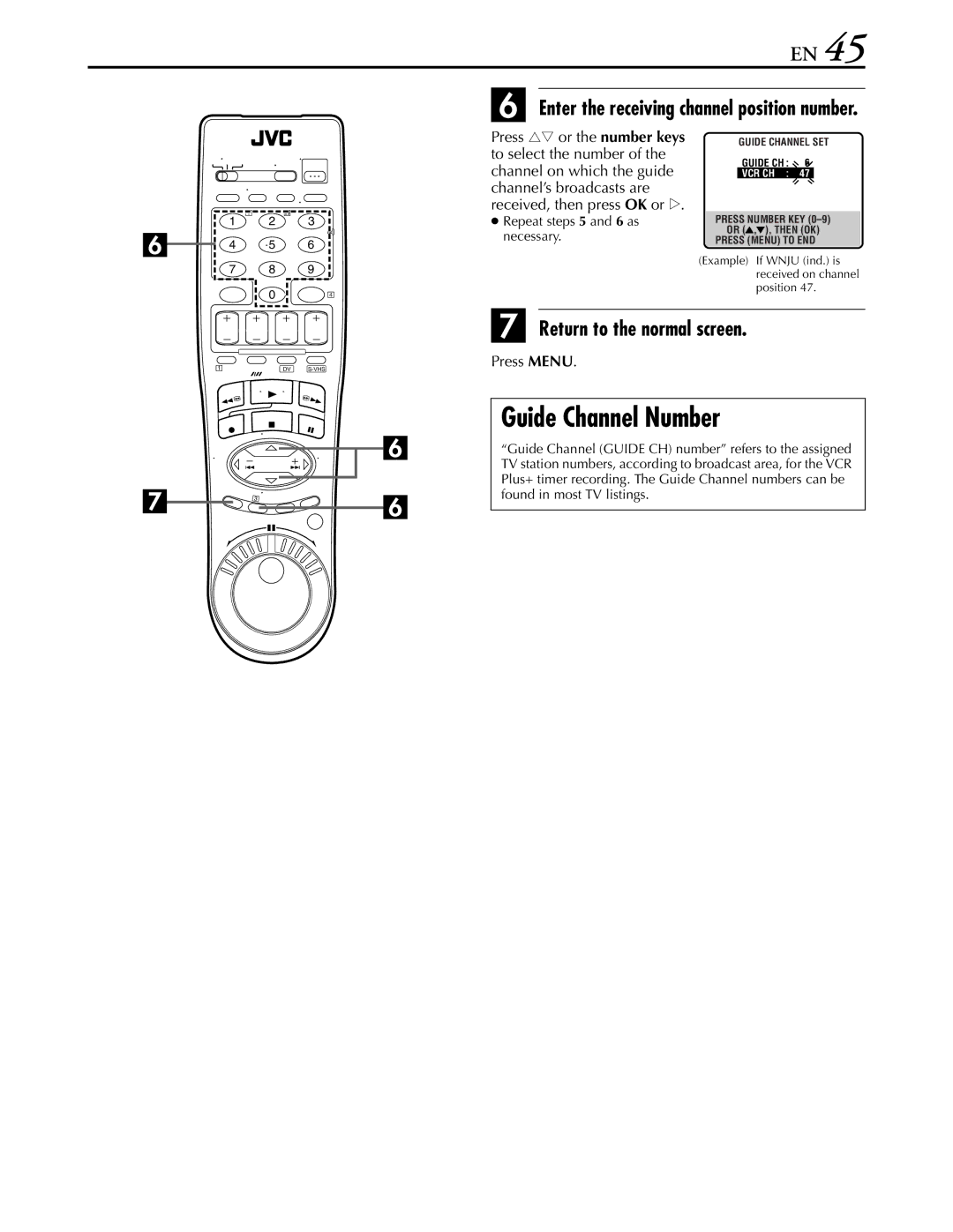 JVC hr-dvs3u manual Guide Channel Number, Enter the receiving channel position number 