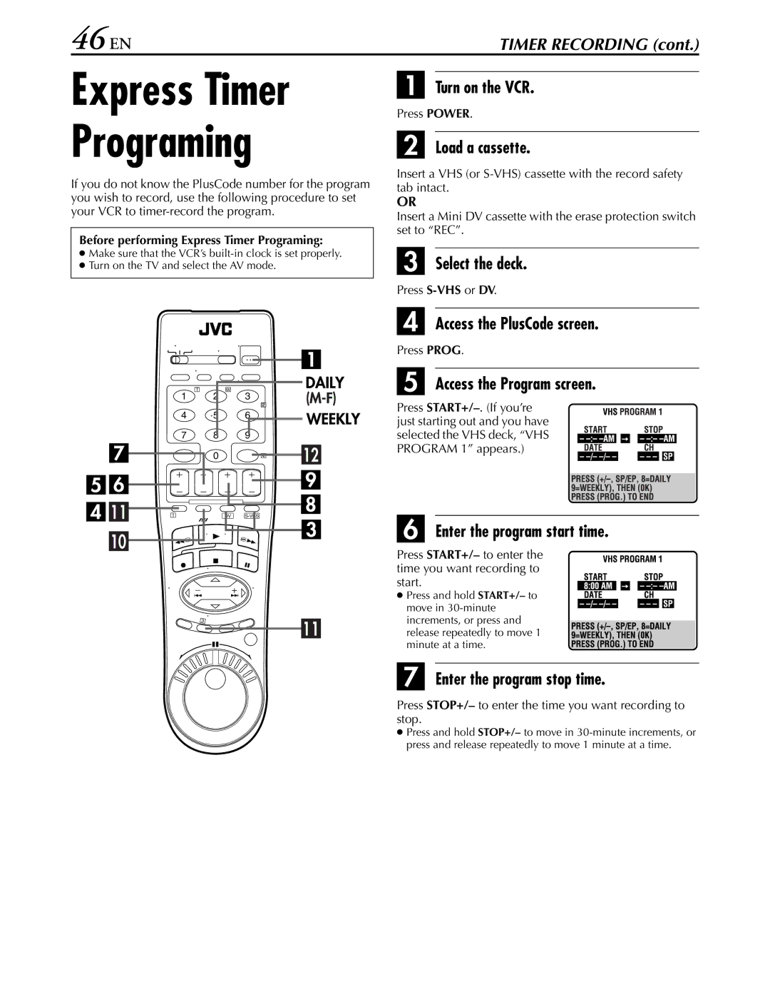 JVC hr-dvs3u manual Express Timer Programing, 46 EN 