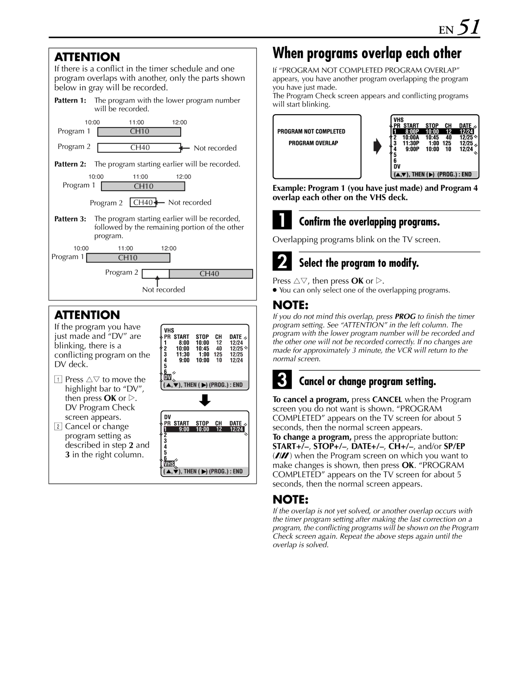 JVC hr-dvs3u manual When programs overlap each other, Confirm the overlapping programs, Select the program to modify 