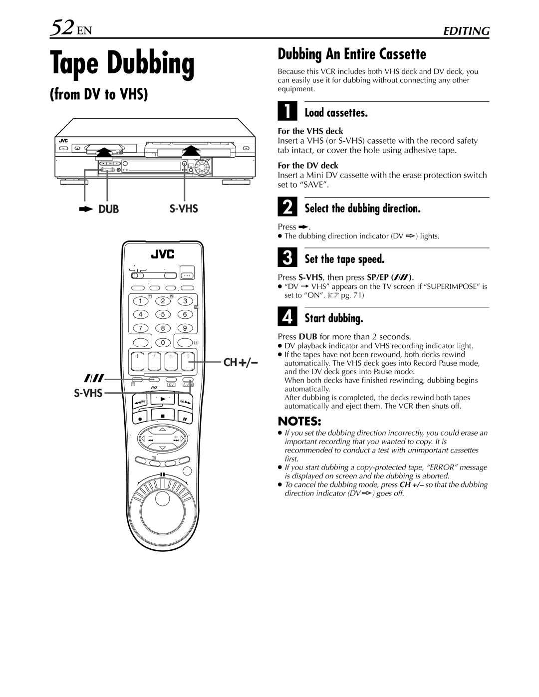 JVC hr-dvs3u manual Tape Dubbing, 52 EN, From DV to VHS, Dubbing An Entire Cassette 