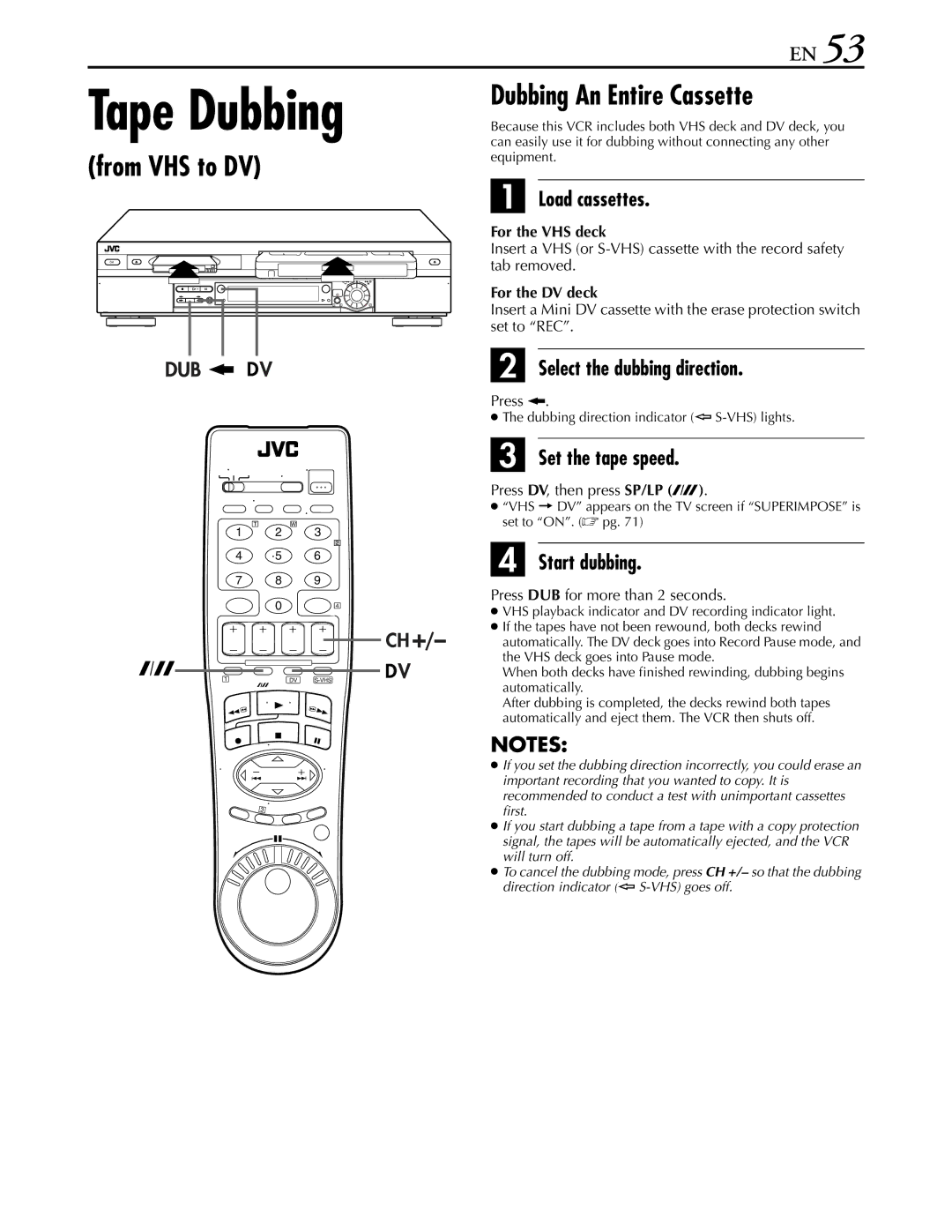 JVC hr-dvs3u manual From VHS to DV, Press DV, then press SP/LP p, Dubbing direction indicator S-VHS lights 