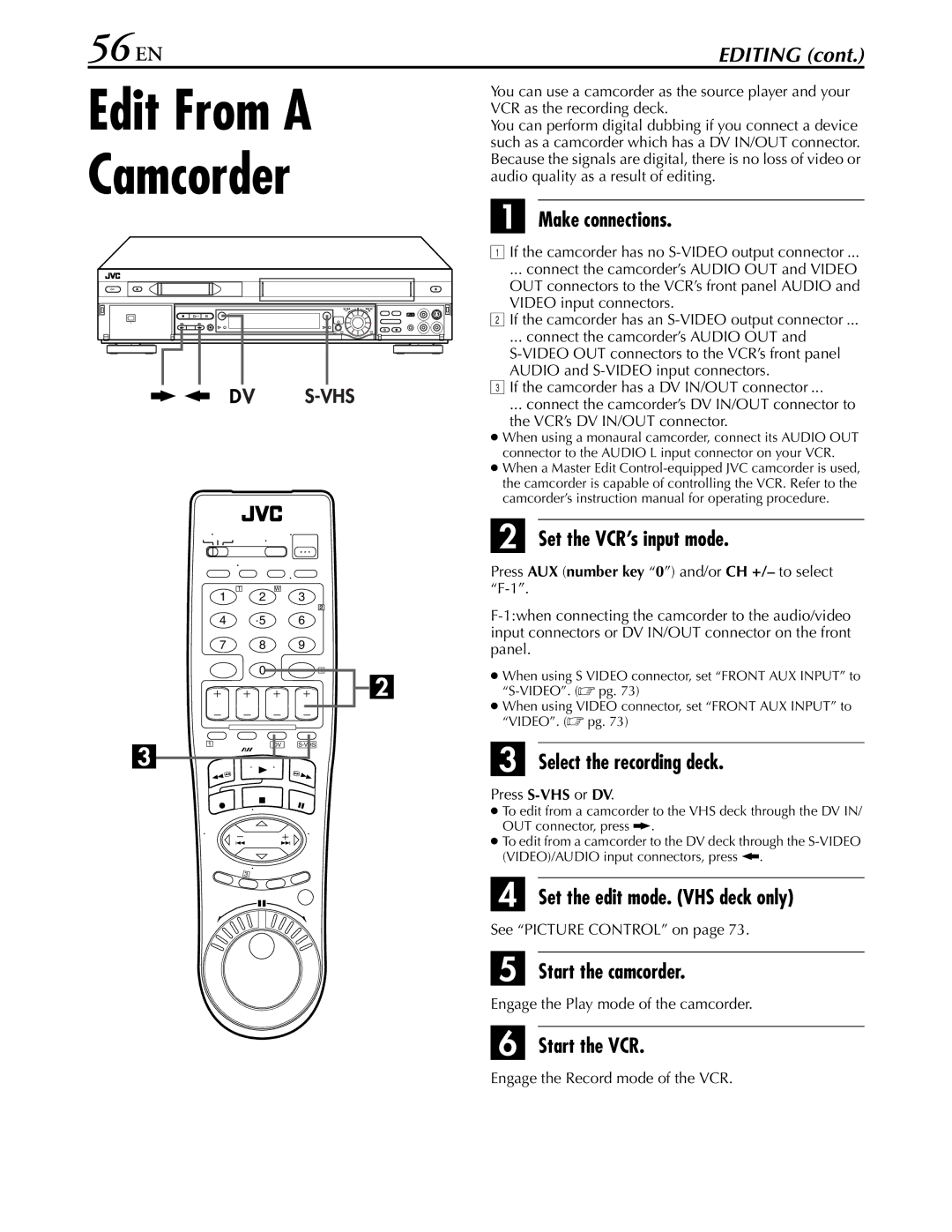 JVC hr-dvs3u manual Edit From a Camcorder, 56 EN 