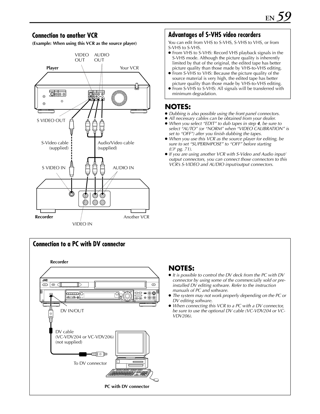 JVC hr-dvs3u manual Connection to another VCR, Advantages of S-VHS video recorders, Connection to a PC with DV connector 