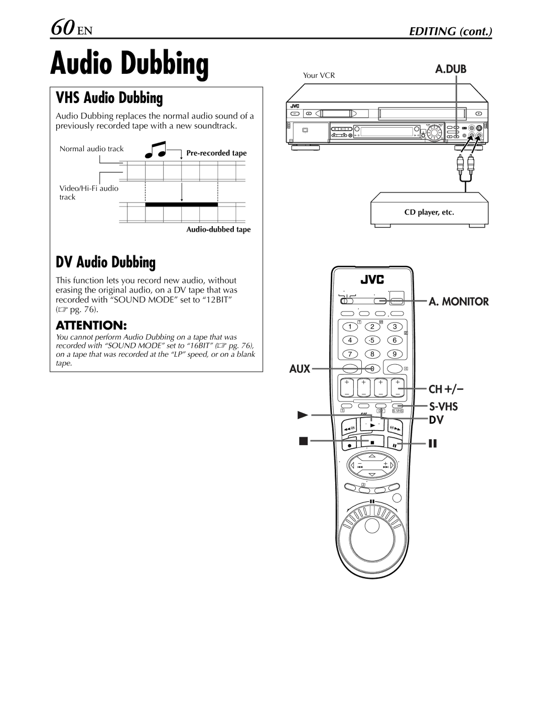 JVC hr-dvs3u manual 60 EN, VHS Audio Dubbing, DV Audio Dubbing, Pre-recorded tape Audio-dubbed tape CD player, etc 