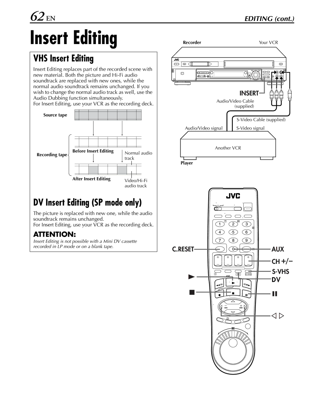 JVC hr-dvs3u manual 62 EN, VHS Insert Editing, Source tape Recording tape, After Insert Editing 