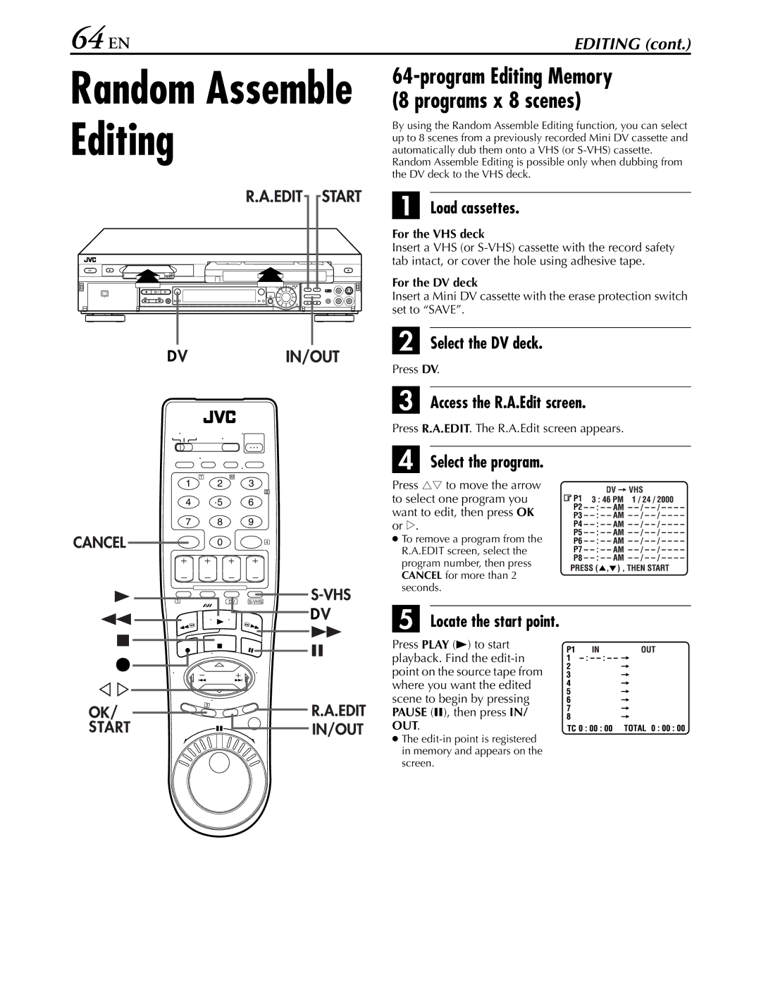 JVC hr-dvs3u manual 64 EN, Program Editing Memory 8 programs x 8 scenes, Access the R.A.Edit screen, Select the program 