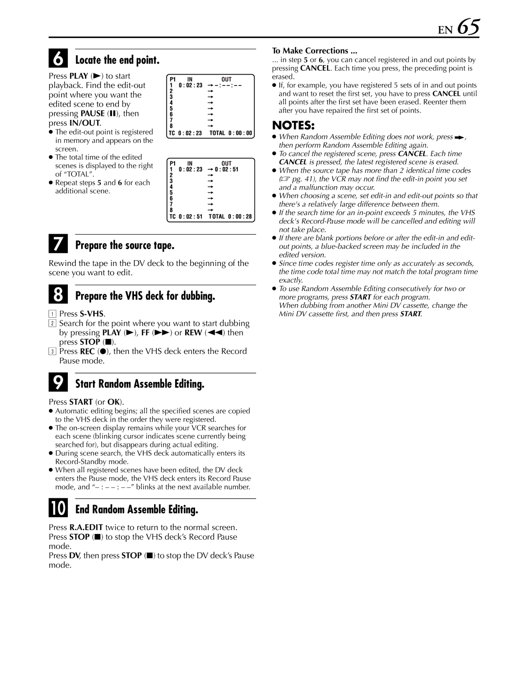 JVC hr-dvs3u Locate the end point, Prepare the source tape, Start Random Assemble Editing, End Random Assemble Editing 