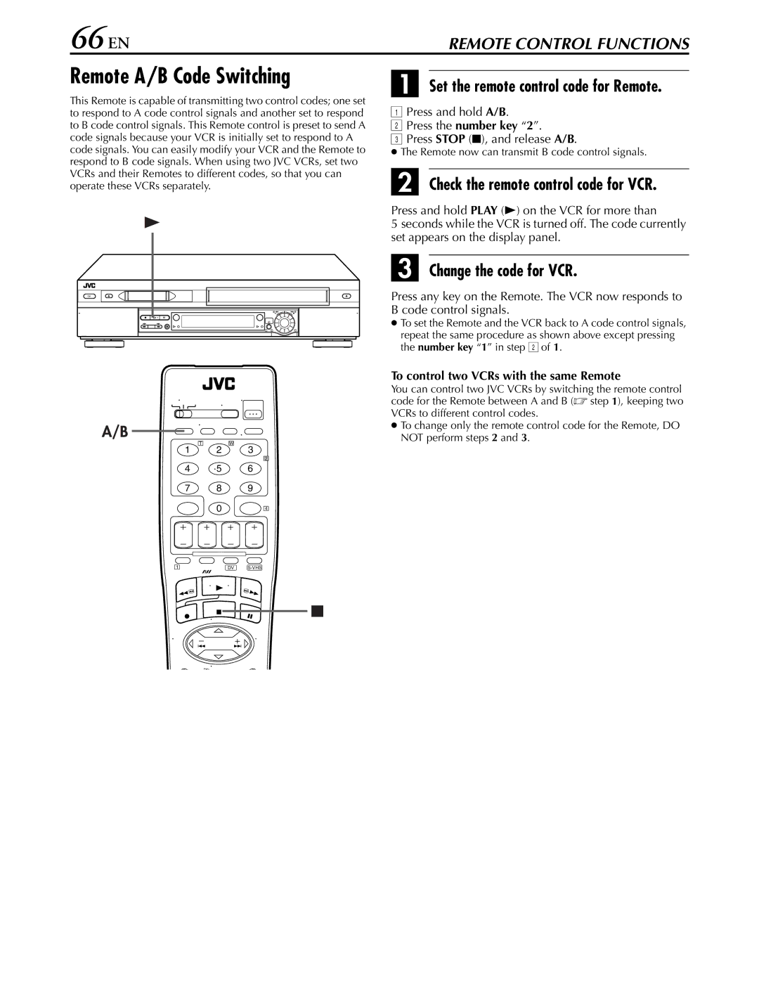 JVC hr-dvs3u manual 66 EN, Remote A/B Code Switching, Set the remote control code for Remote, Change the code for VCR 