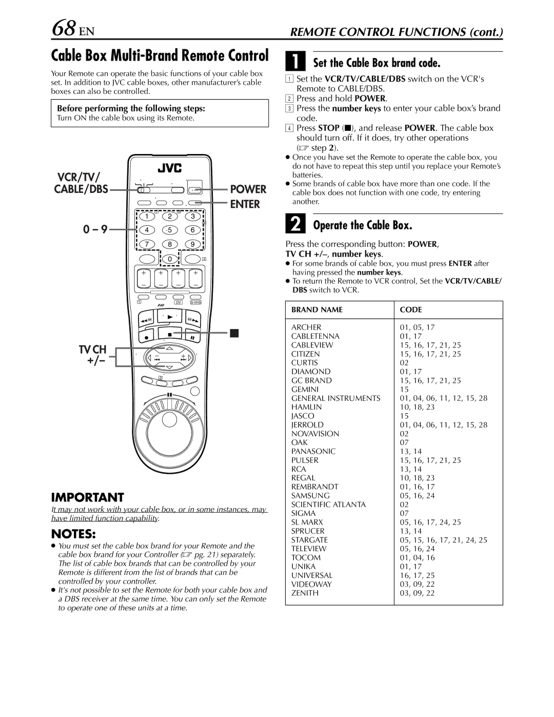 JVC hr-dvs3u manual 68 EN, Set the Cable Box brand code, Operate the Cable Box, Press the corresponding button Power 