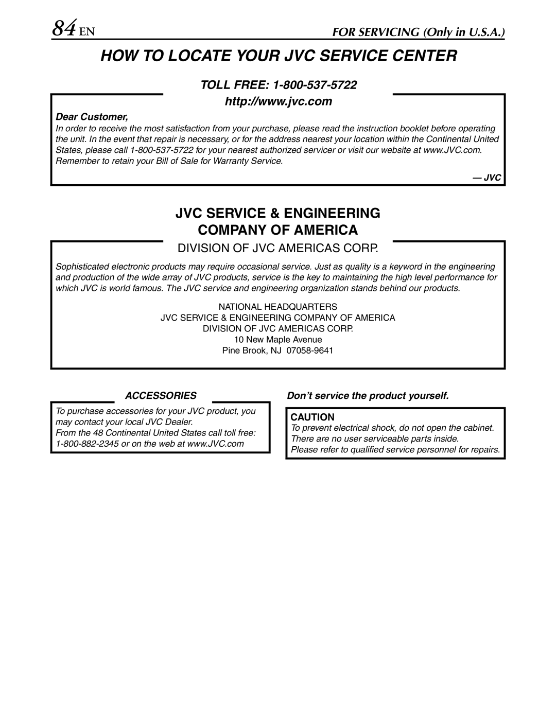 JVC hr-dvs3u manual 84 EN, HOW to Locate Your JVC Service Center 