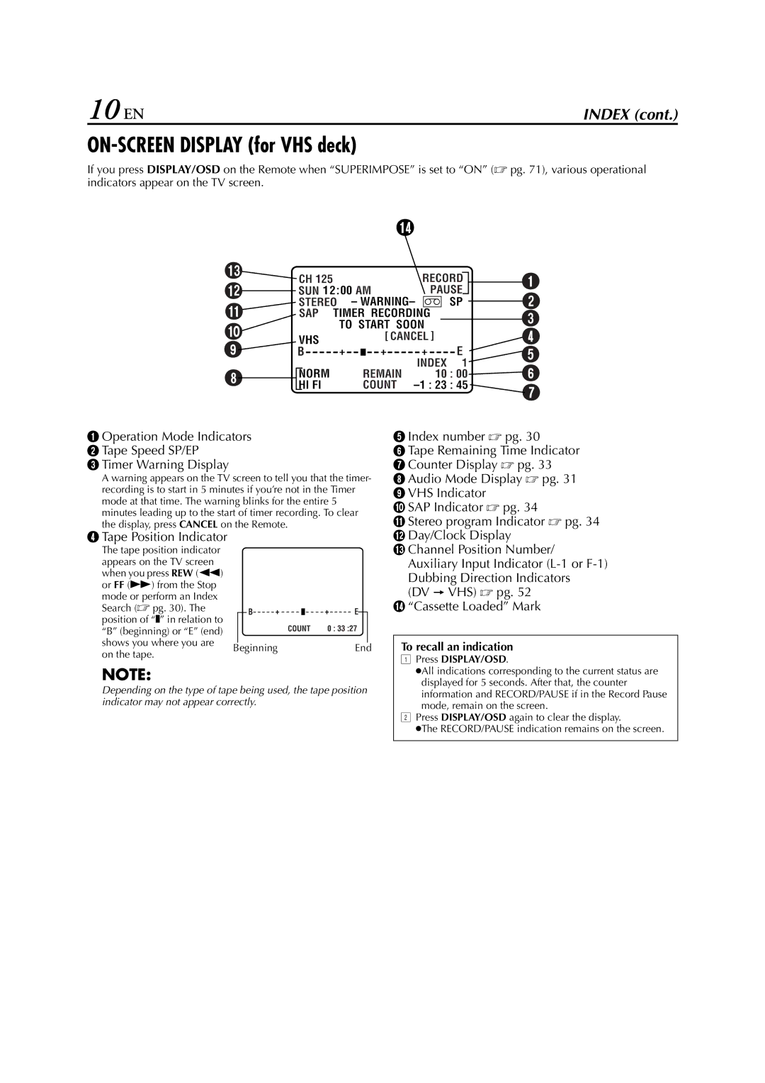 JVC hr-dvs3u manual 10 EN, ON-SCREEN Display for VHS deck, To recall an indication, Press DISPLAY/OSD 