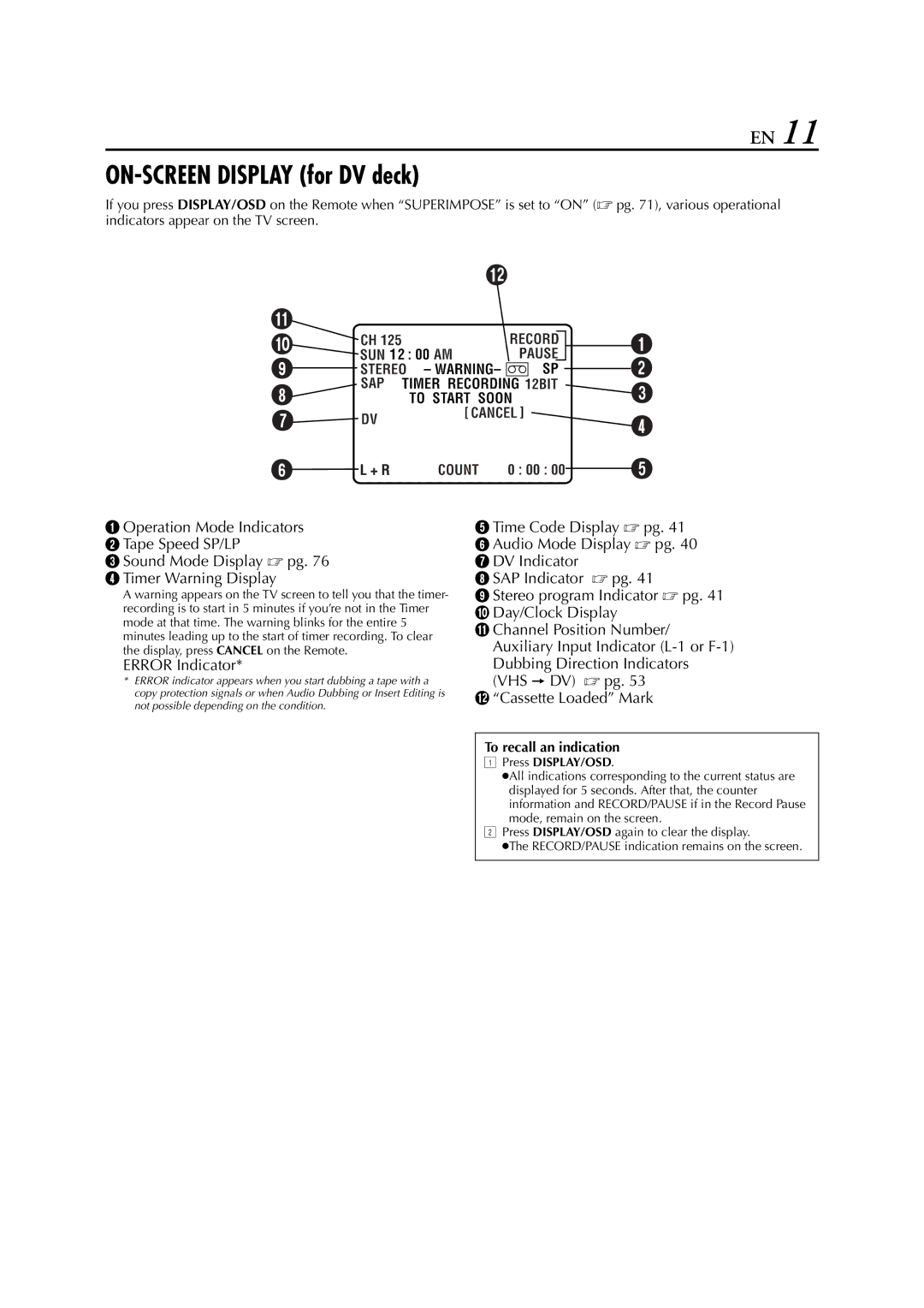 JVC hr-dvs3u manual ON-SCREEN Display for DV deck 