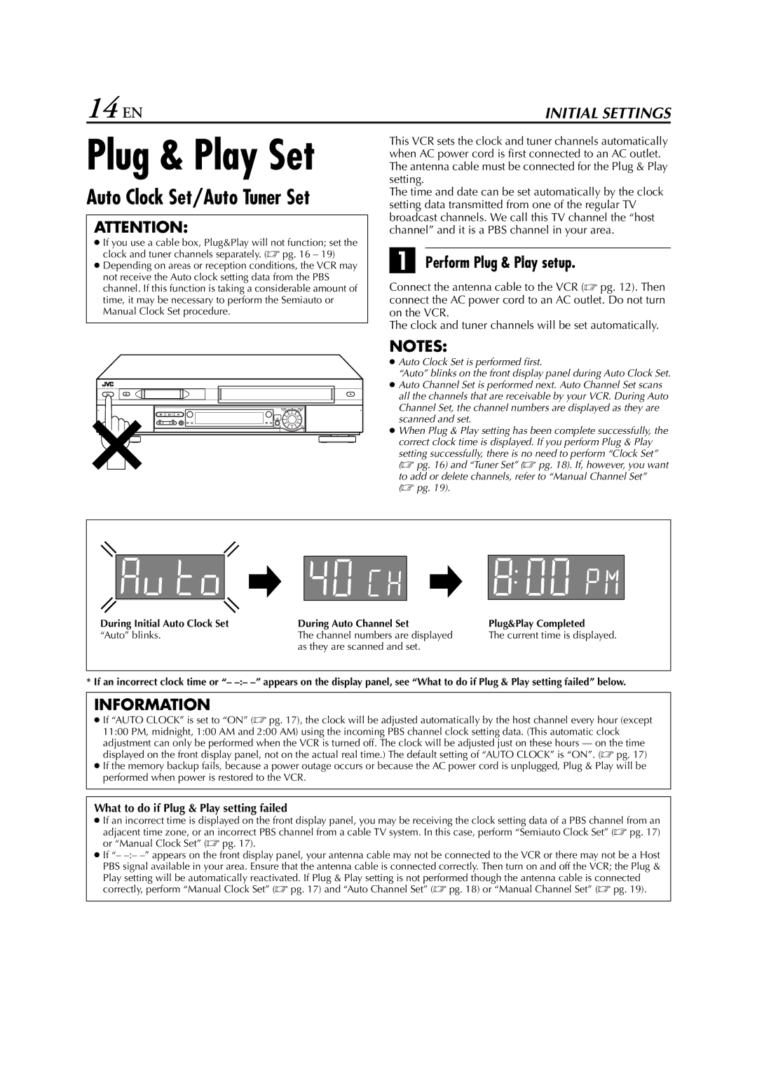 JVC hr-dvs3u manual Plug & Play Set, 14 EN, Auto Clock Set/Auto Tuner Set, Perform Plug & Play setup 