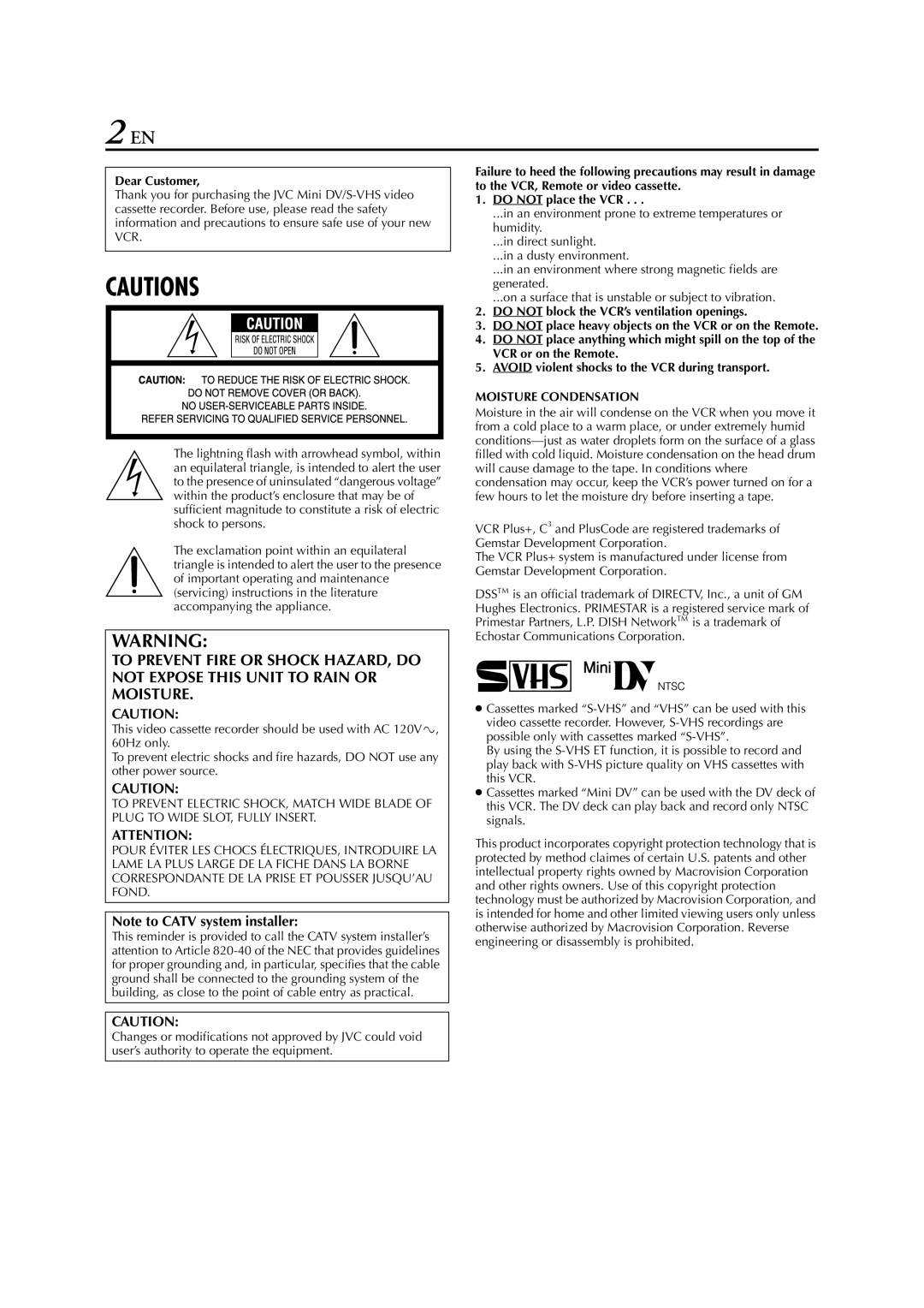 JVC hr-dvs3u manual Dear Customer, Moisture Condensation 