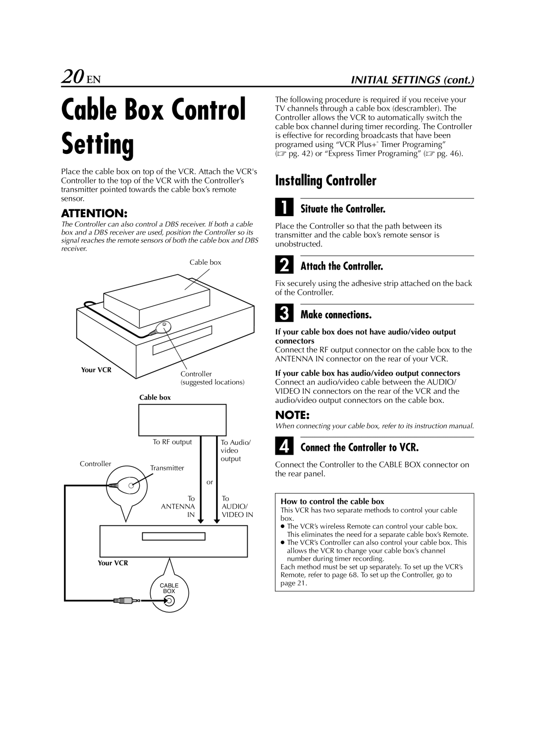 JVC hr-dvs3u manual 20 EN, Installing Controller 