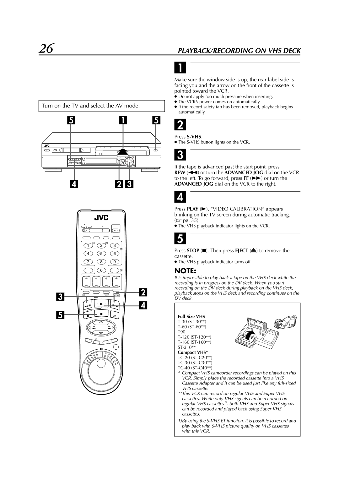 JVC hr-dvs3u manual Basic Playback, 26 EN, VHS deck 