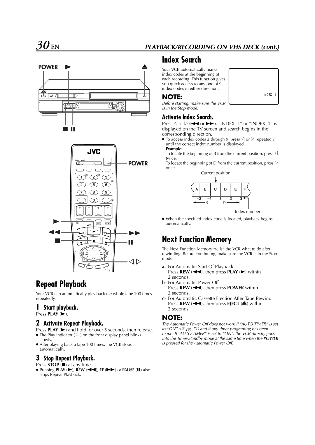 JVC hr-dvs3u manual 30 EN, Index Search, Repeat Playback, Next Function Memory 