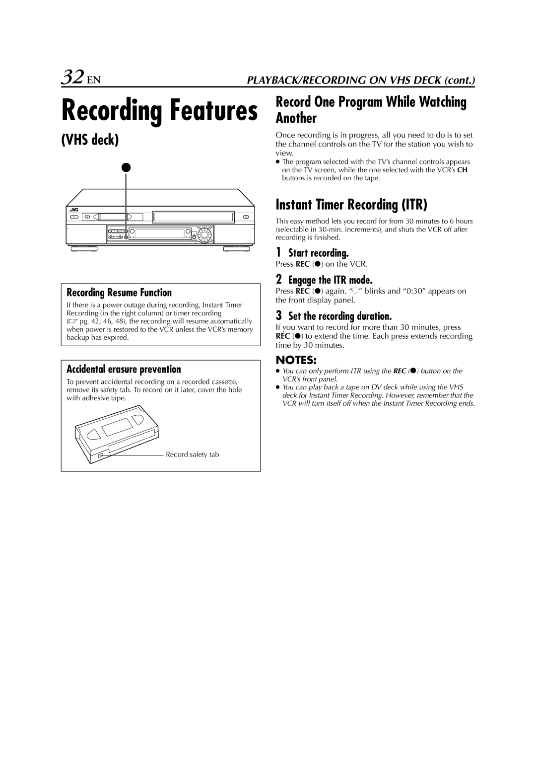 JVC hr-dvs3u manual 32 EN, Record One Program While Watching Another, Instant Timer Recording ITR 