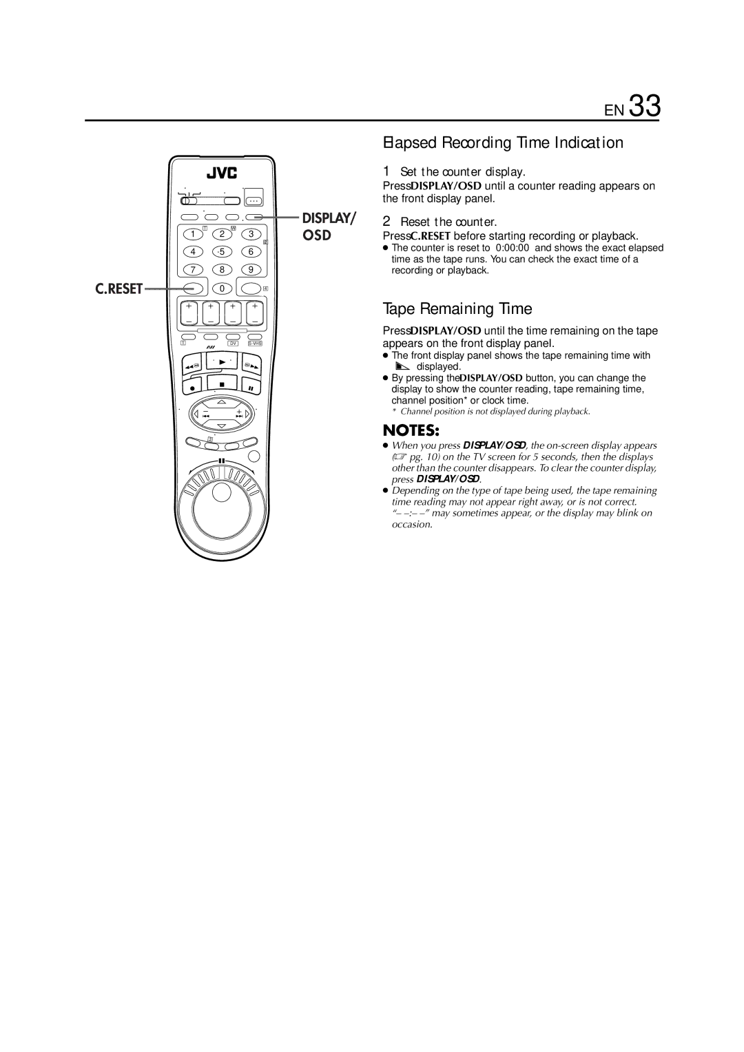 JVC hr-dvs3u manual Tape Remaining Time, Set the counter display, Reset the counter 