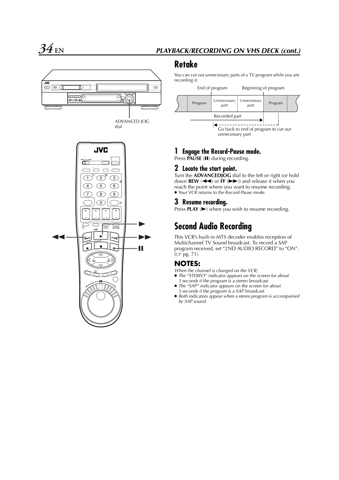 JVC hr-dvs3u manual 34 EN, Retake, Second Audio Recording 