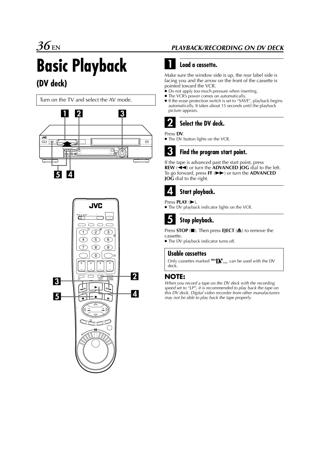 JVC hr-dvs3u manual 36 EN, Select the DV deck, Press DV 