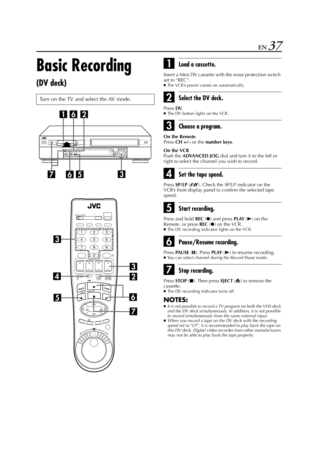 JVC hr-dvs3u manual DV recording indicator lights on the VCR 