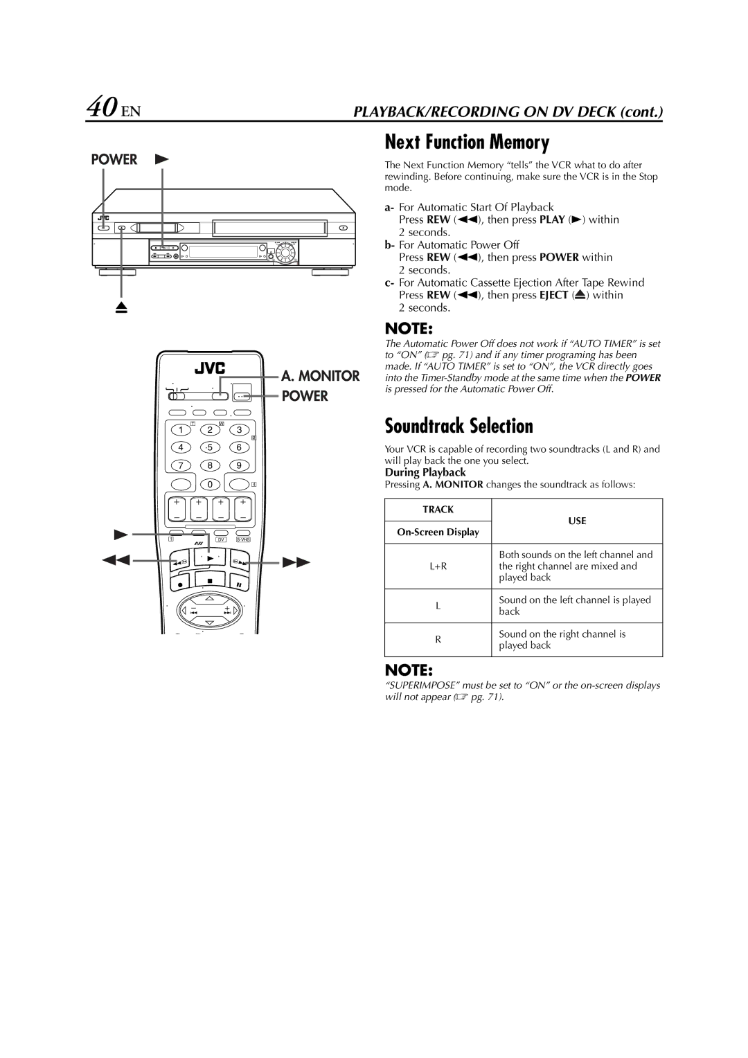 JVC hr-dvs3u manual 40 EN, Next Function Memory 