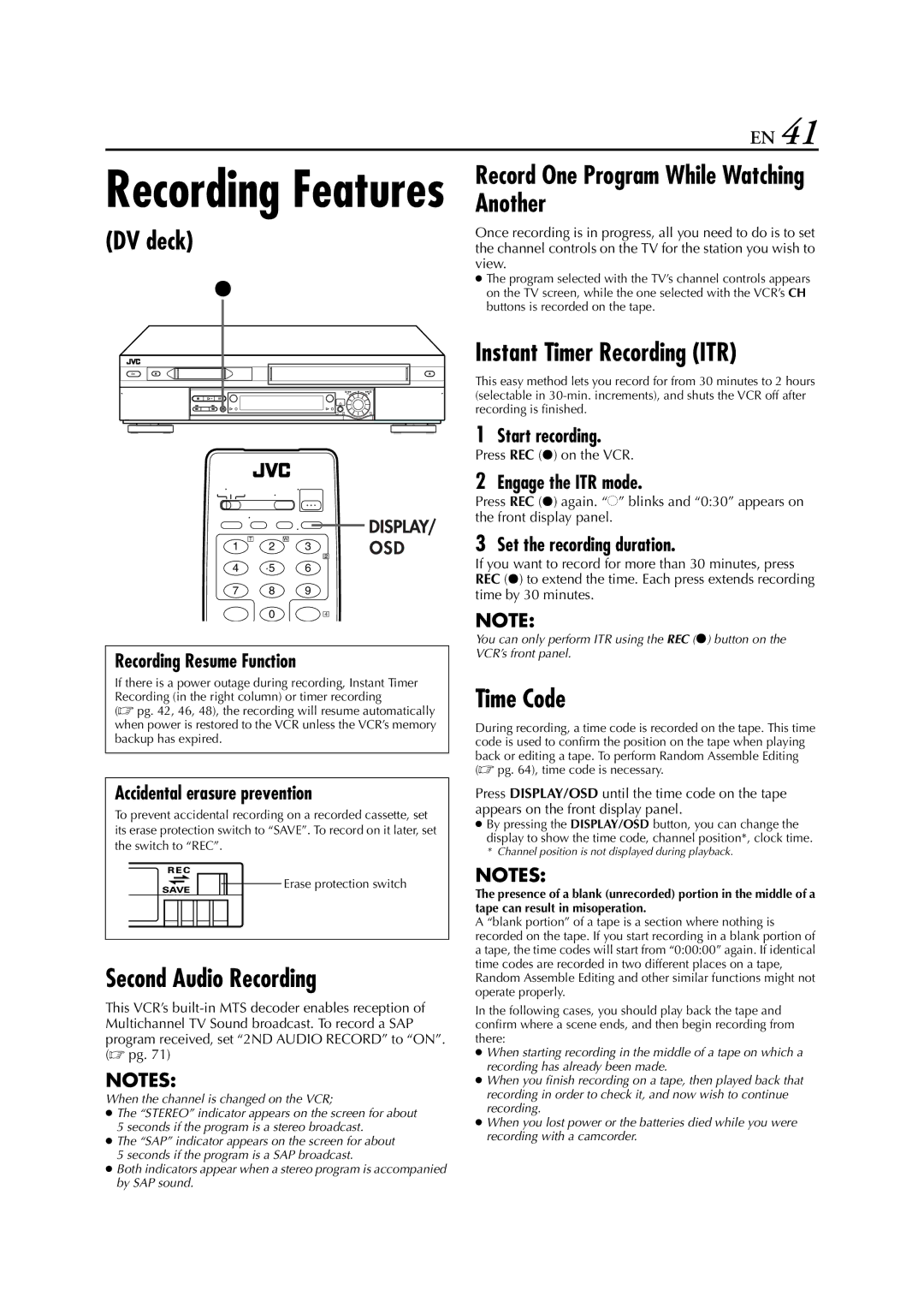 JVC hr-dvs3u manual DV deck, Time Code 