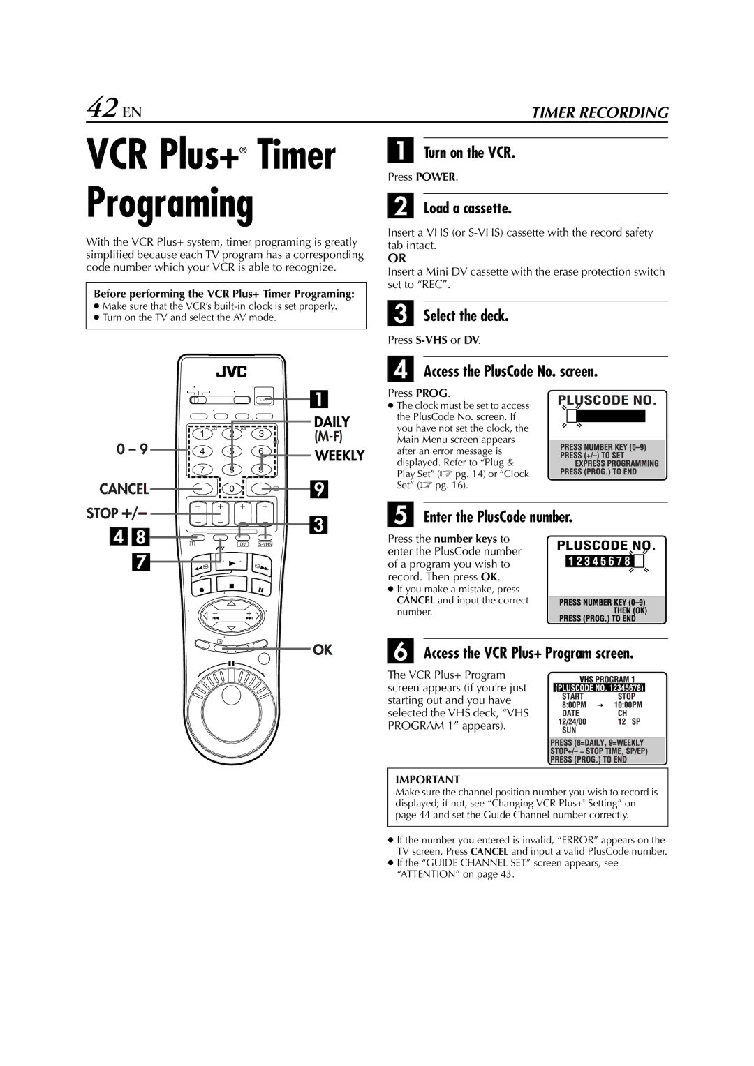 JVC hr-dvs3u manual 42 EN, Select the deck, Access the PlusCode No. screen, Enter the PlusCode number 