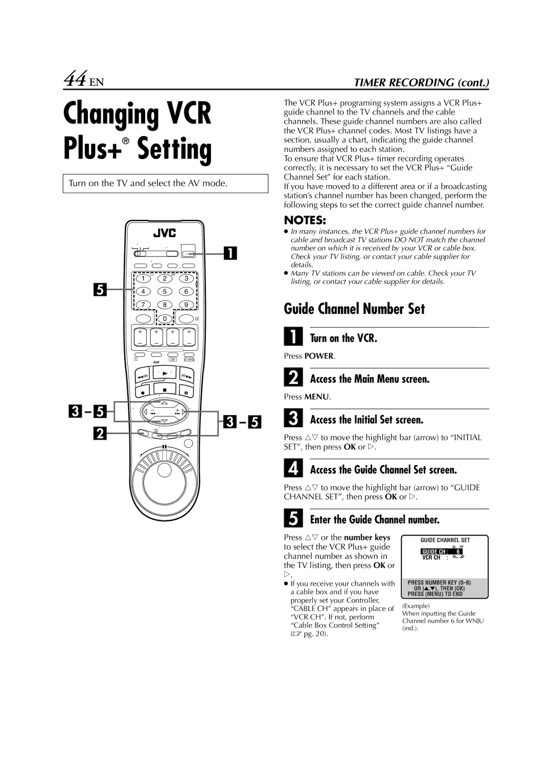 JVC hr-dvs3u manual 44 EN, Guide Channel Number Set, Access the Guide Channel Set screen, Enter the Guide Channel number 