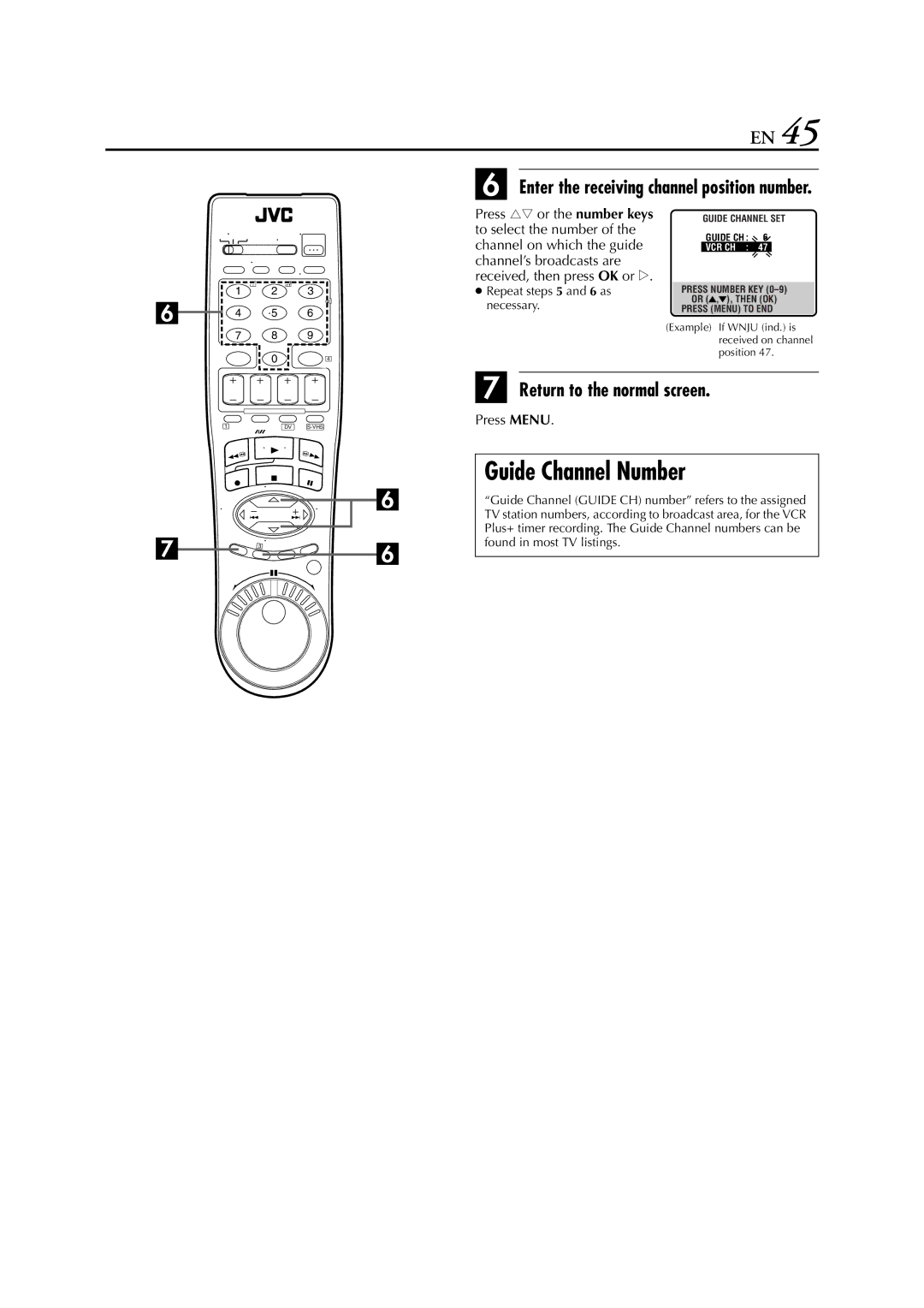 JVC hr-dvs3u manual Guide Channel Number, Enter the receiving channel position number 