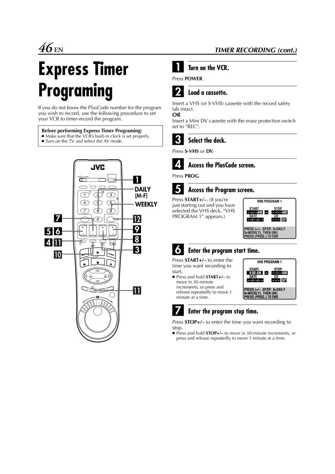 JVC hr-dvs3u manual Express Timer Programing, 46 EN 