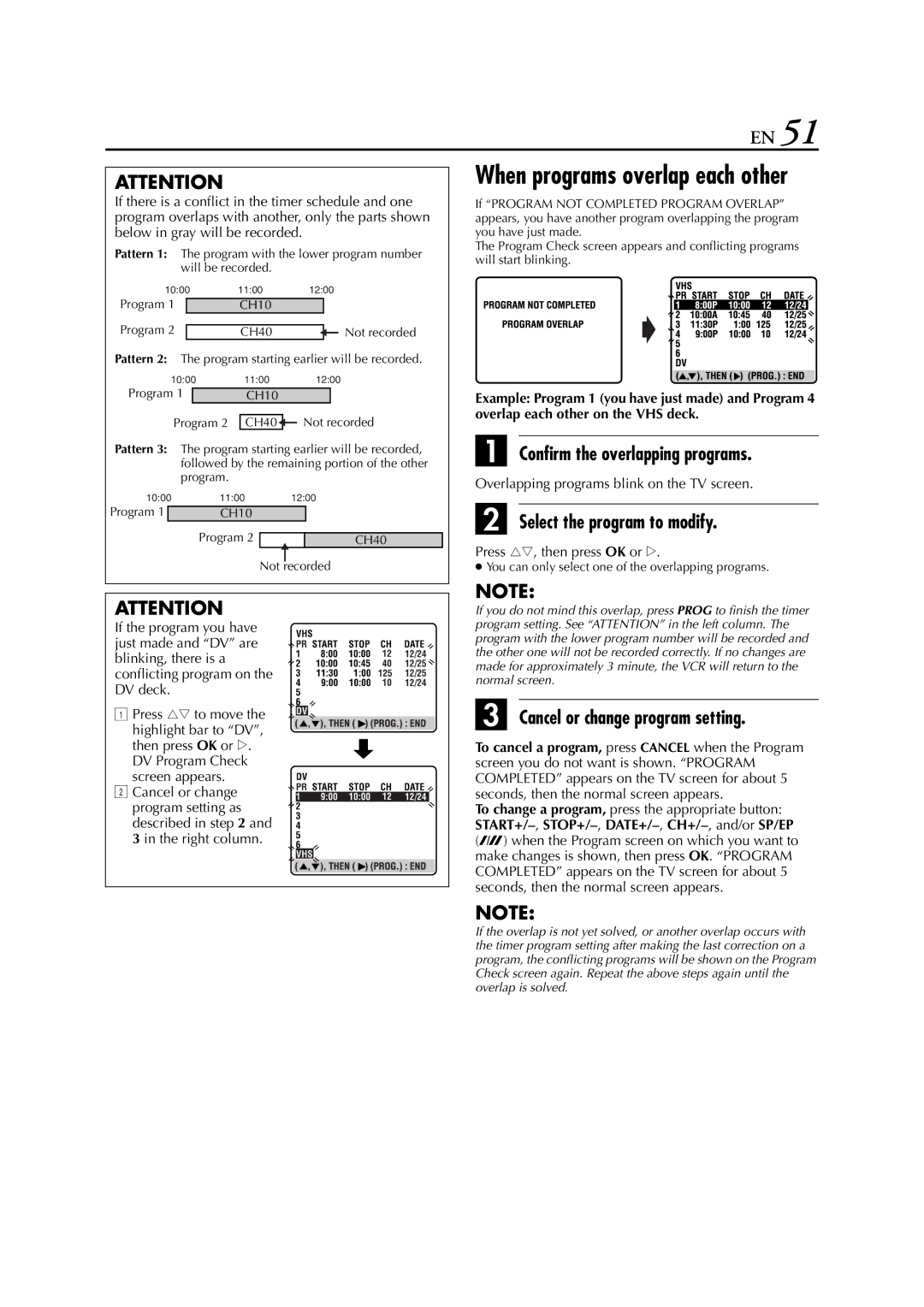 JVC hr-dvs3u manual Confirm the overlapping programs, Select the program to modify, Cancel or change program setting 