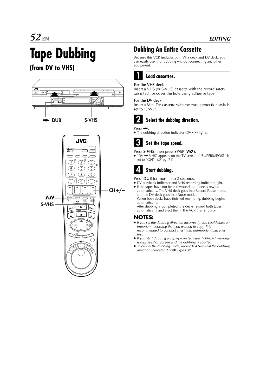JVC hr-dvs3u manual Tape Dubbing, 52 EN, From DV to VHS, Dubbing An Entire Cassette 