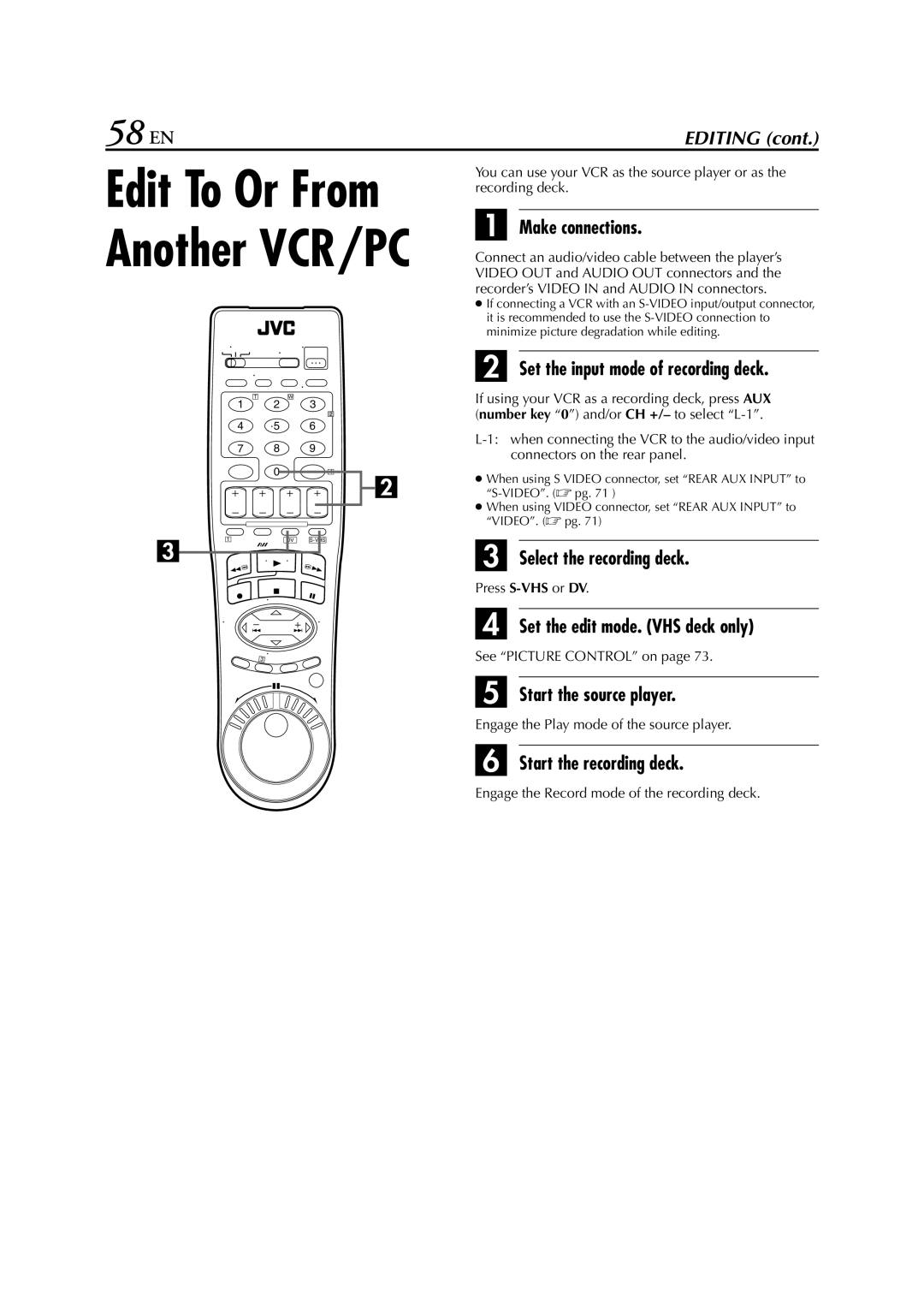 JVC hr-dvs3u manual 58 EN, Set the input mode of recording deck, Start the source player, Start the recording deck 