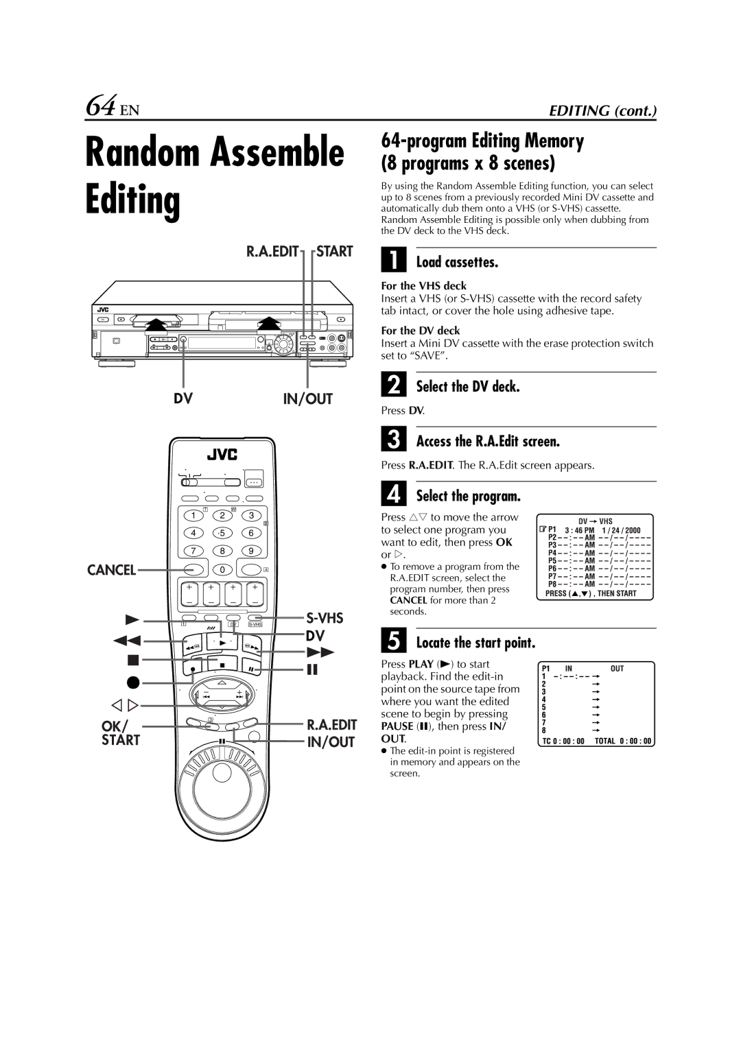 JVC hr-dvs3u manual 64 EN, Access the R.A.Edit screen, Select the program, Press R.A.EDIT. The R.A.Edit screen appears 