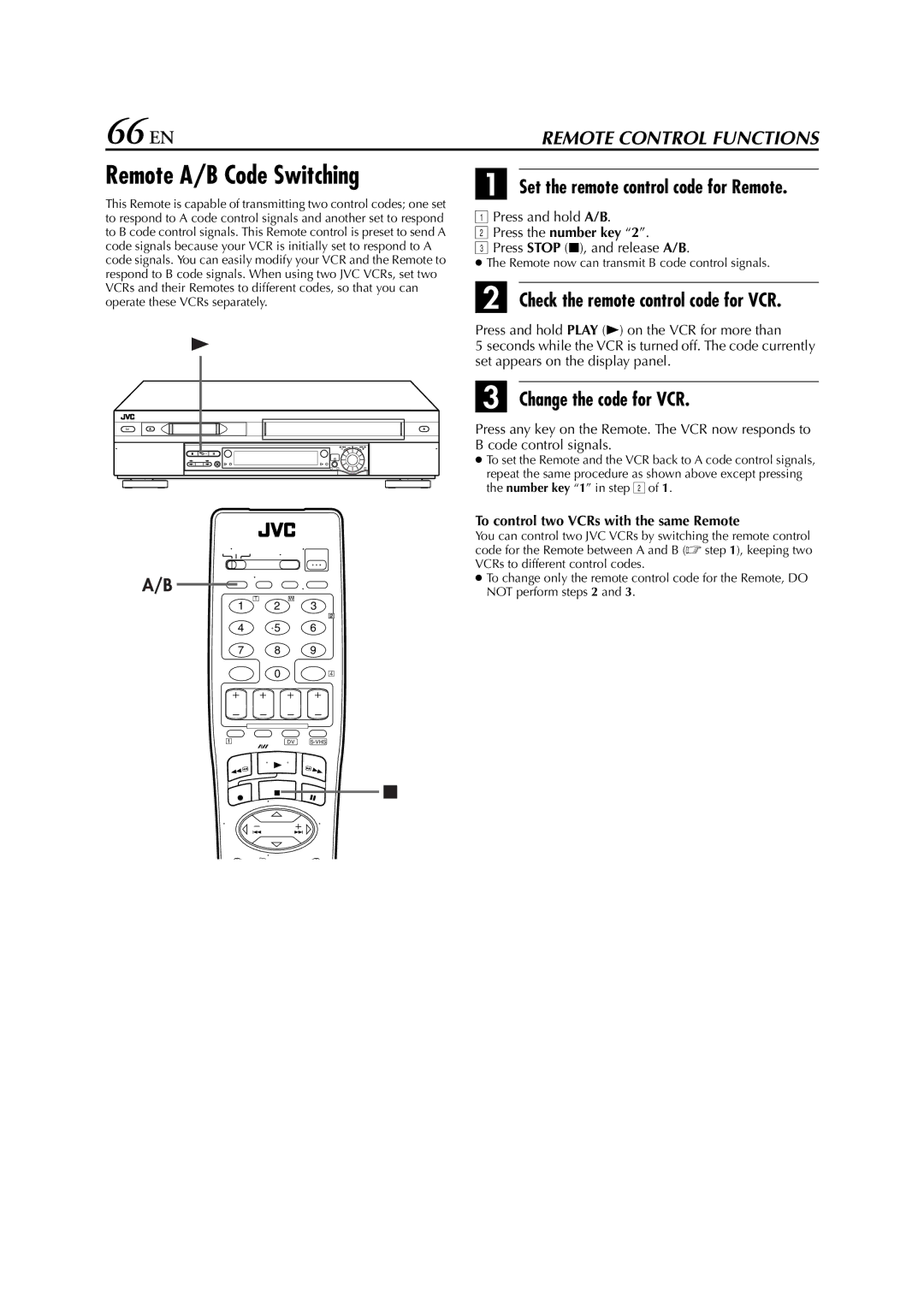 JVC hr-dvs3u manual 66 EN, Remote A/B Code Switching, Change the code for VCR, To control two VCRs with the same Remote 