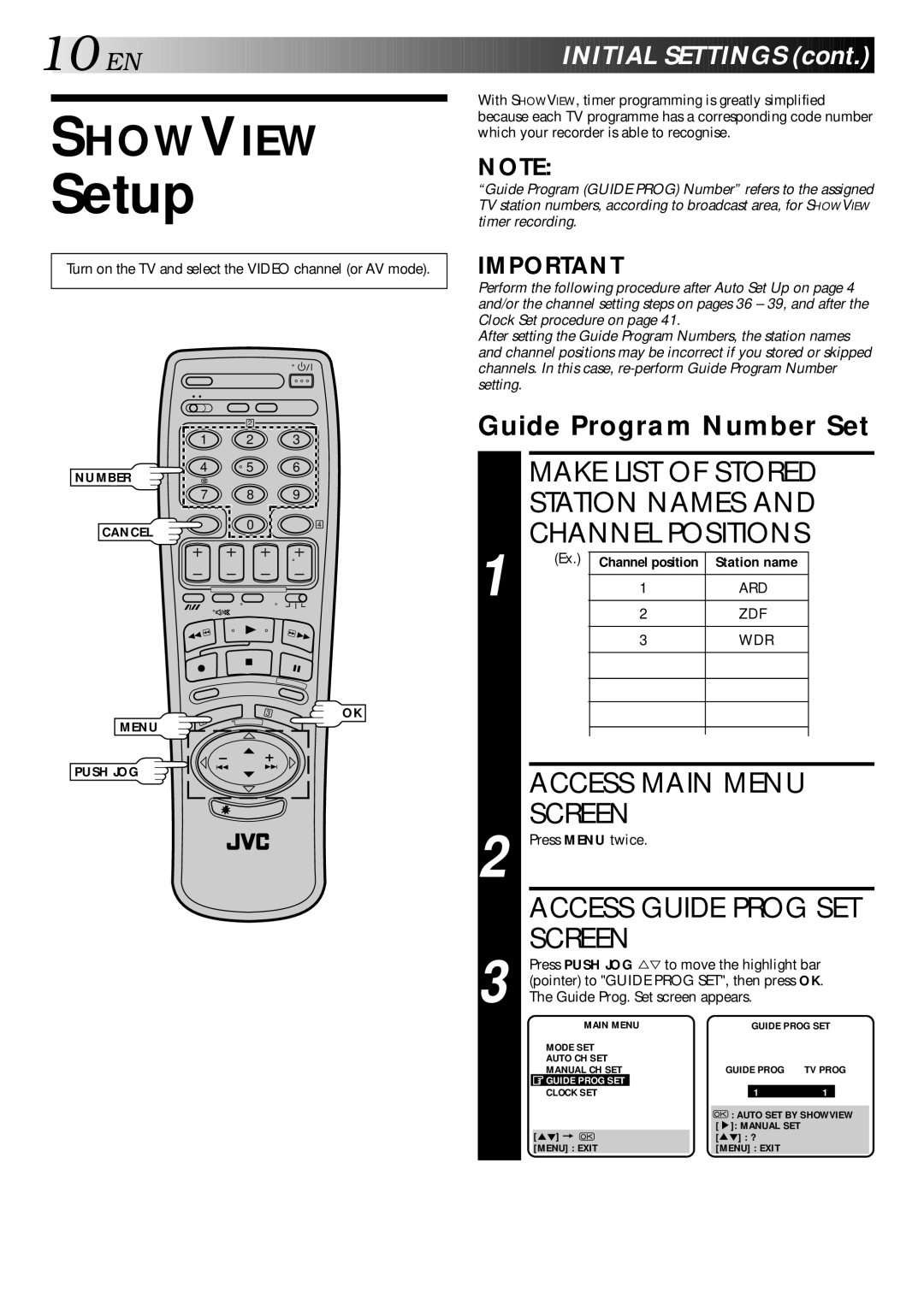 JVC HR-E249E specifications Setup, Make List of Stored Station Names Channel Positions, Guide Program Number Set 