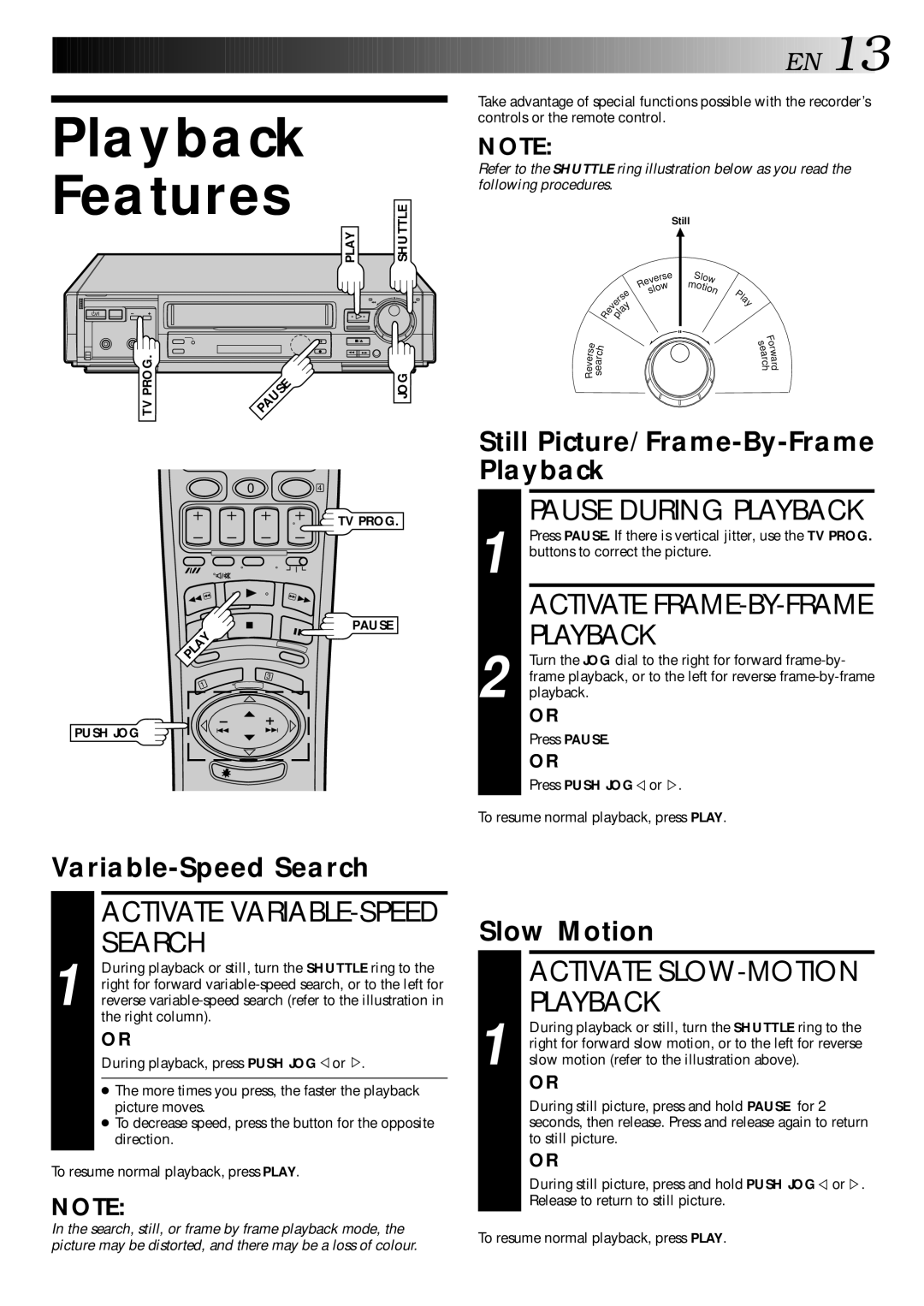 JVC HR-E249E Playback Features, Pause During Playback, Still Picture/Frame-By-Frame Playback, Variable-Speed Search 