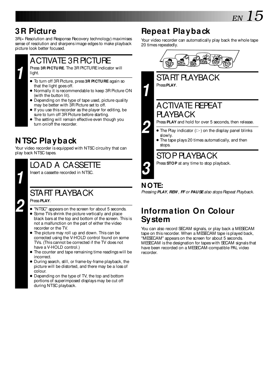 JVC HR-E249E specifications Activate 3R Picture, Activate Repeat, Playback 