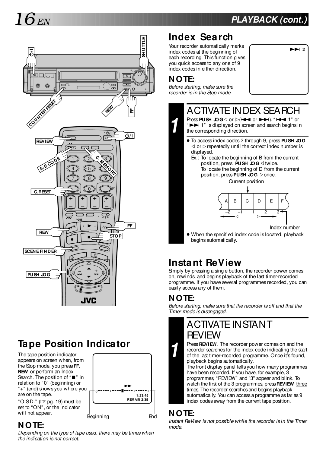 JVC HR-E249E specifications Activate Index Search, Activate Instant Review, Instant ReView, Tape Position Indicator 