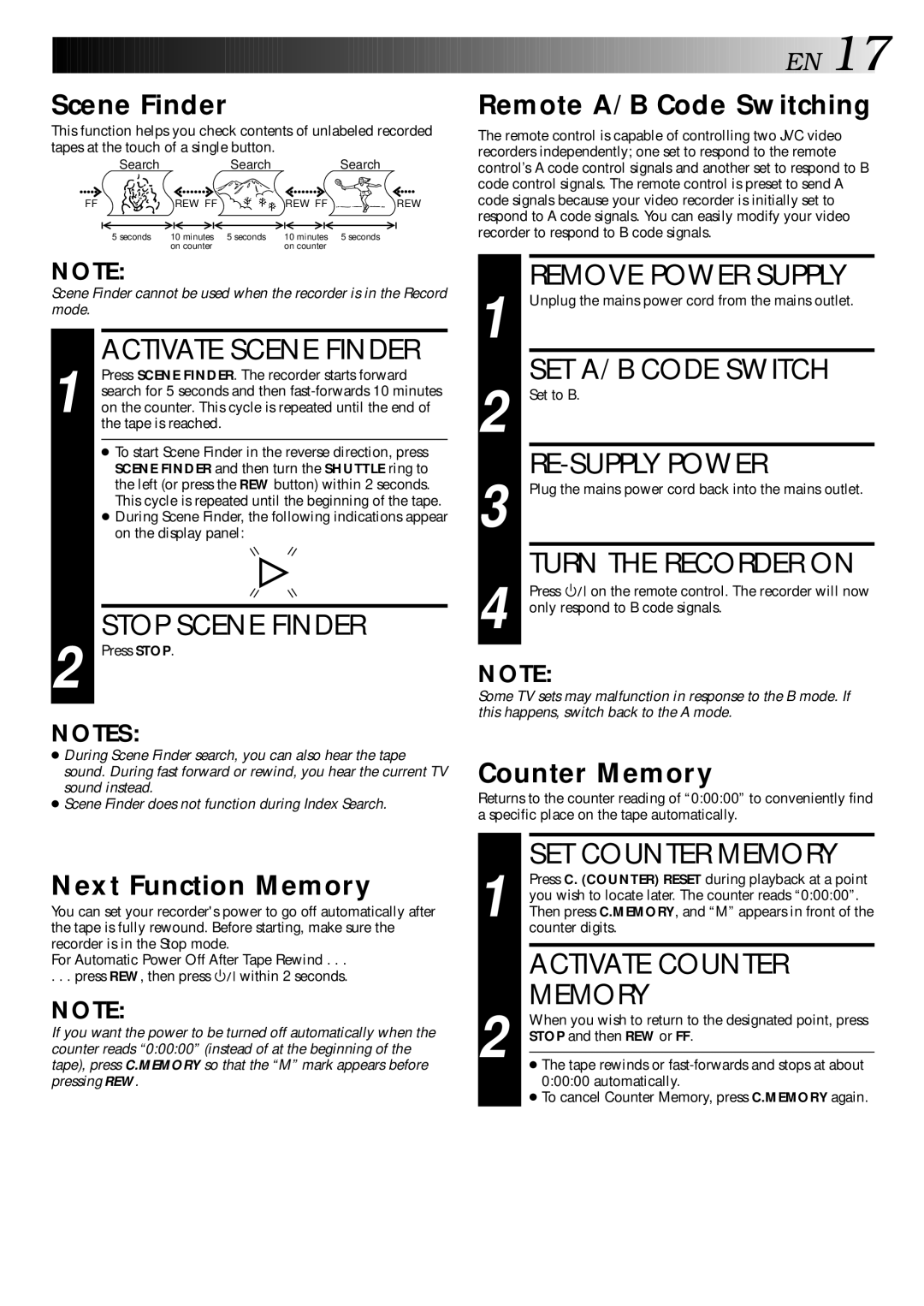 JVC HR-E249E Activate Scene Finder, Stop Scene Finder, SET A/B Code Switch, RE-SUPPLY Power, SET Counter Memory 