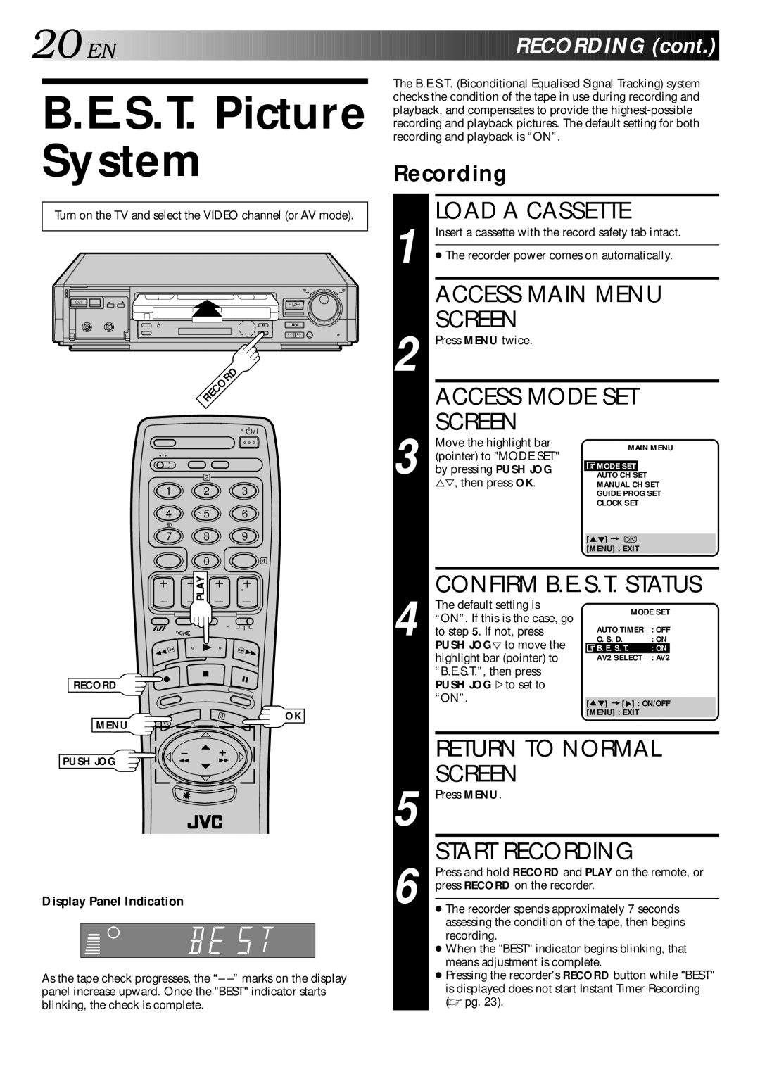 JVC HR-E249E specifications S.T. Picture System, EN Recording, Display Panel Indication 