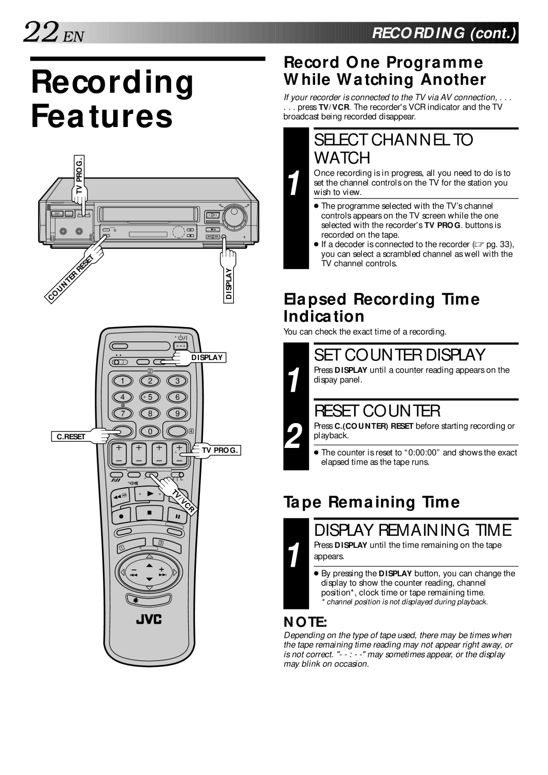 JVC HR-E249E Recording Features, Select Channel to Watch, SET Counter Display, Reset Counter, Display Remaining Time 