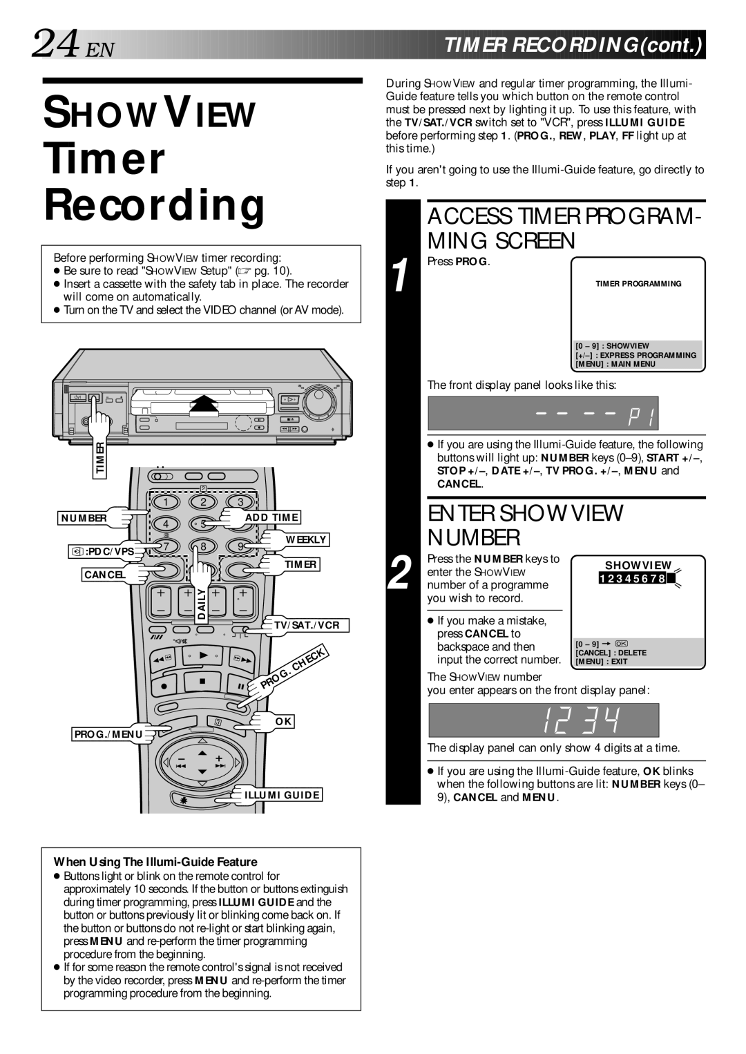 JVC HR-E249E specifications Timer Recording, EN Timer RECORDINGcont, When Using The Illumi-Guide Feature, Press Prog 