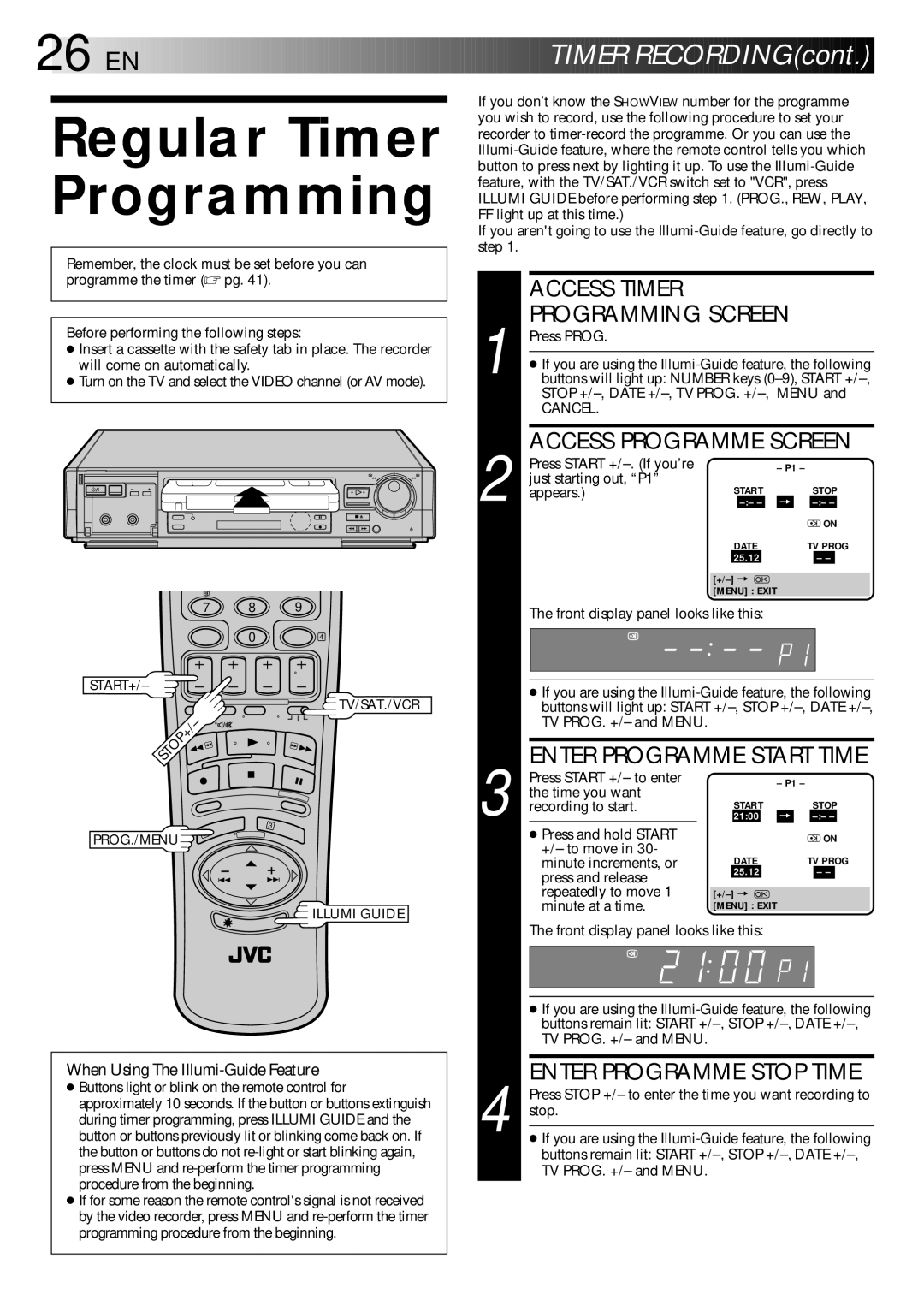 JVC HR-E249E specifications Regular Timer Programming, Stop +/-,DATE +/-,TV PROG. +/-,MENU 