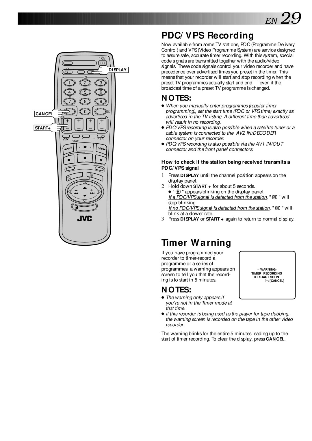 JVC HR-E249E specifications PDC/VPS Recording, Timer Warning 