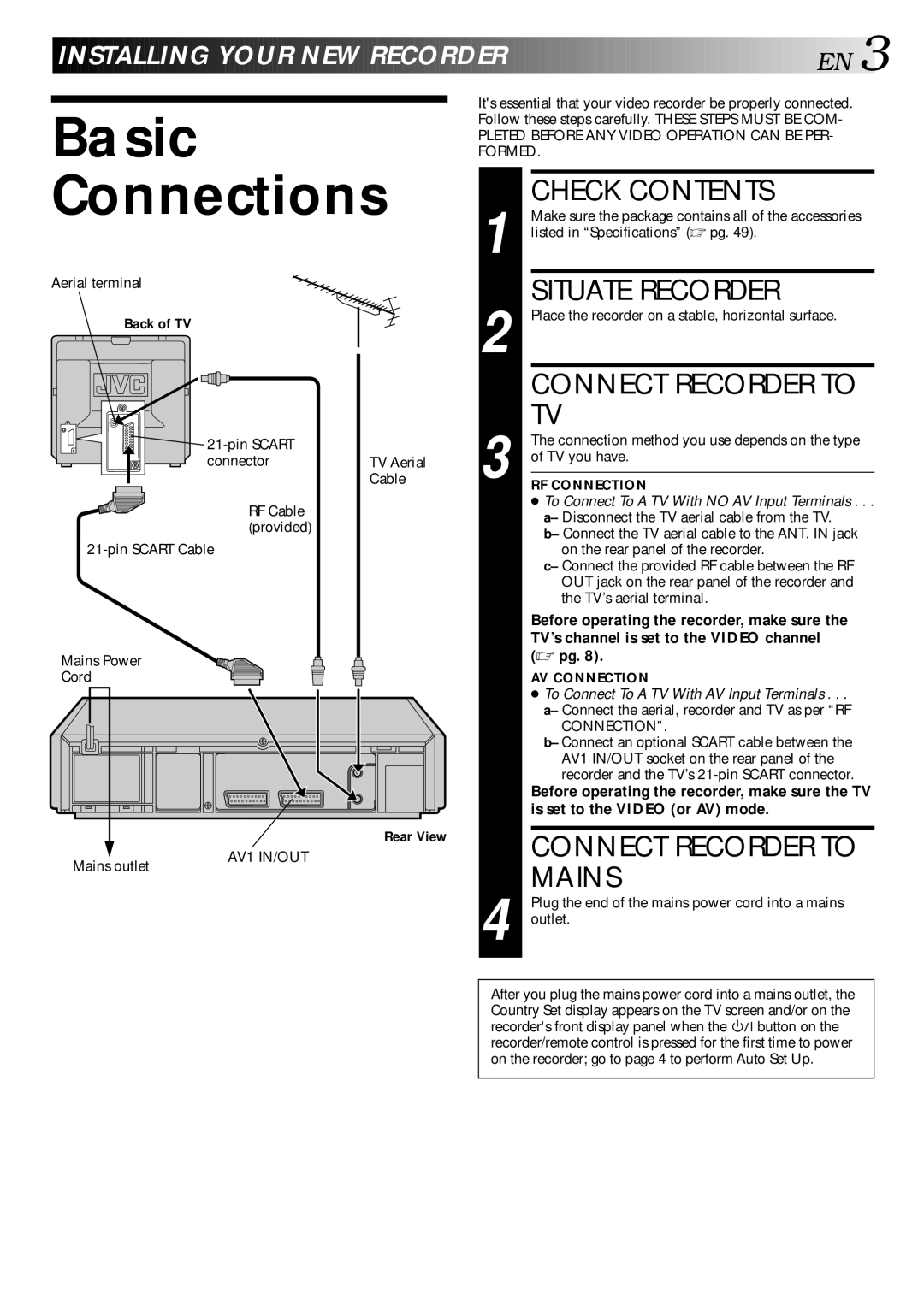 JVC HR-E249E specifications Basic Connections, Check Contents, Situate Recorder, Connect Recorder to Mains 