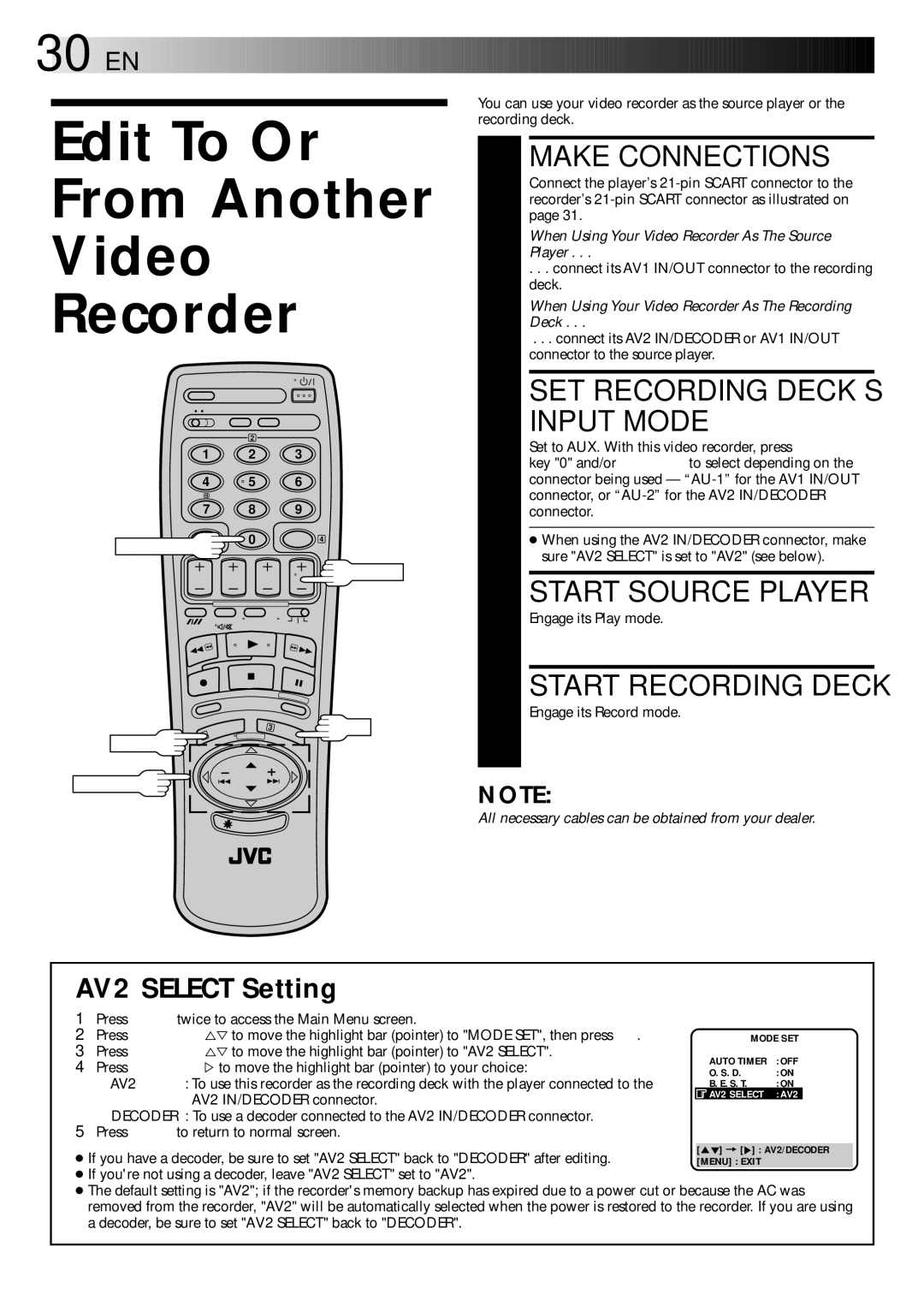 JVC HR-E249E specifications Edit To Or From Another Video Recorder, Make Connections, SET Recording DECK’S Input Mode 